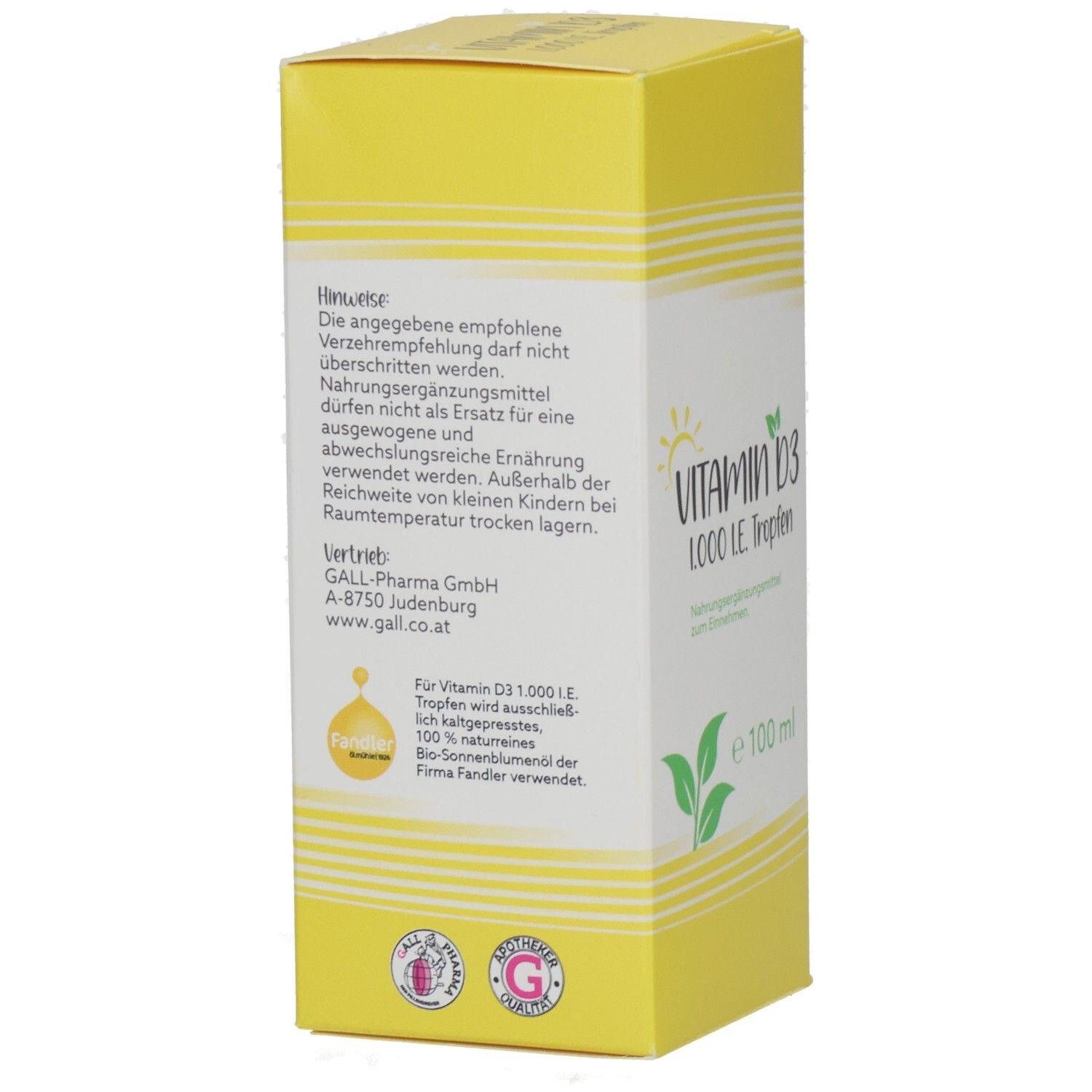 Gelbe Schachtel mit Text. Enthält Informationen zu Vitamin D3 1.000 I.E. Tropfen. Hinweise und Herstellerinformationen sind angegeben.