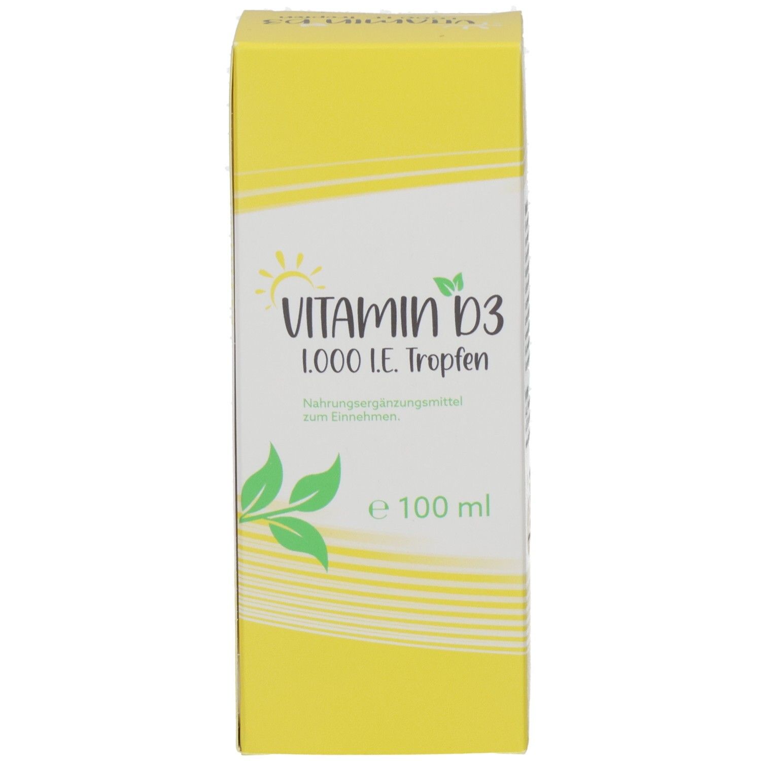 Gelbe Schachtel mit Vitamin D3 1.000 I.E. Tropfen. Aufschrift: Vitamin D3, 1.000 I.E. Tropfen, 100 ml. Mit Sonnen- und Blätter-Symbol.