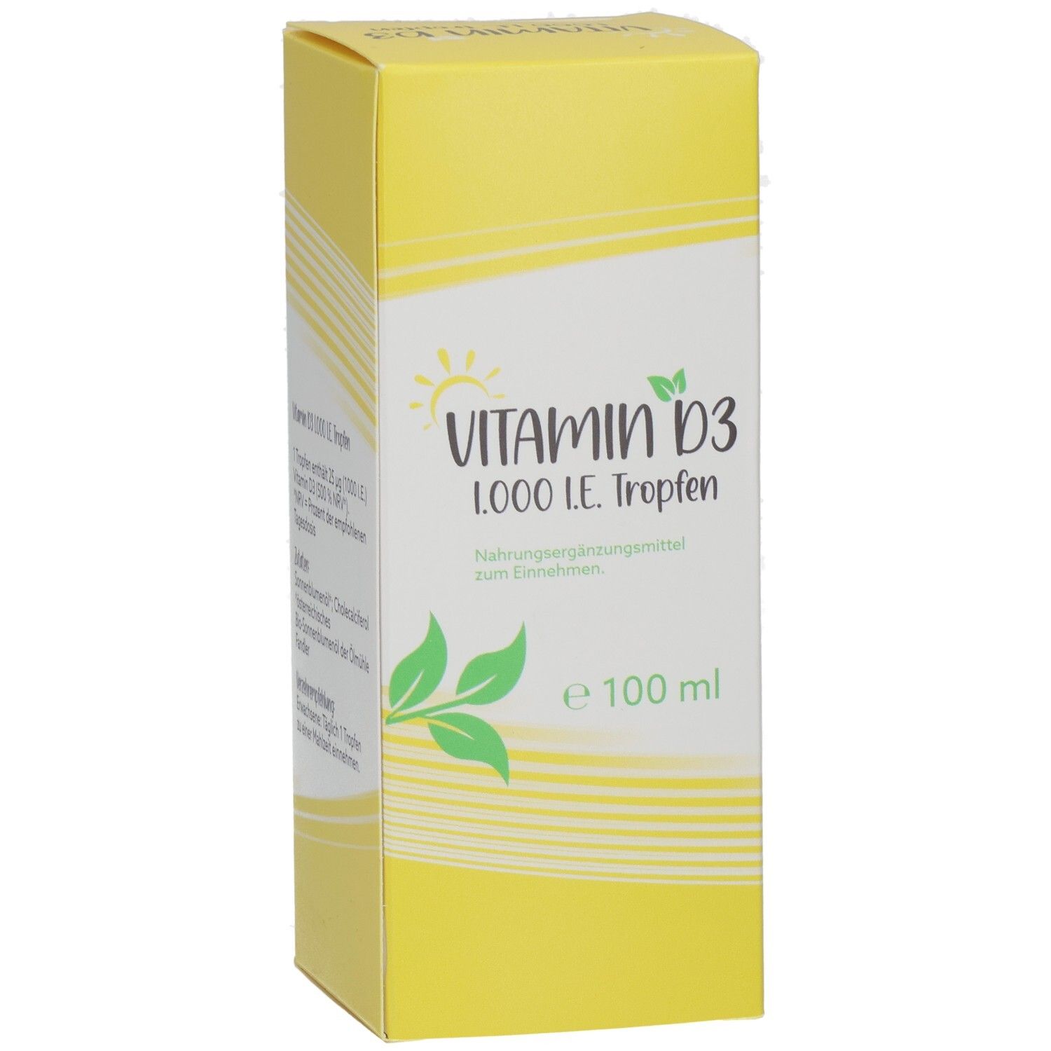 Gelbe Schachtel mit Vitamin D3 1.000 I.E. Tropfen. Aufschrift: Vitamin D3, 1.000 I.E. Tropfen, 100 ml. Mit Sonnen- und Blätter-Symbol.