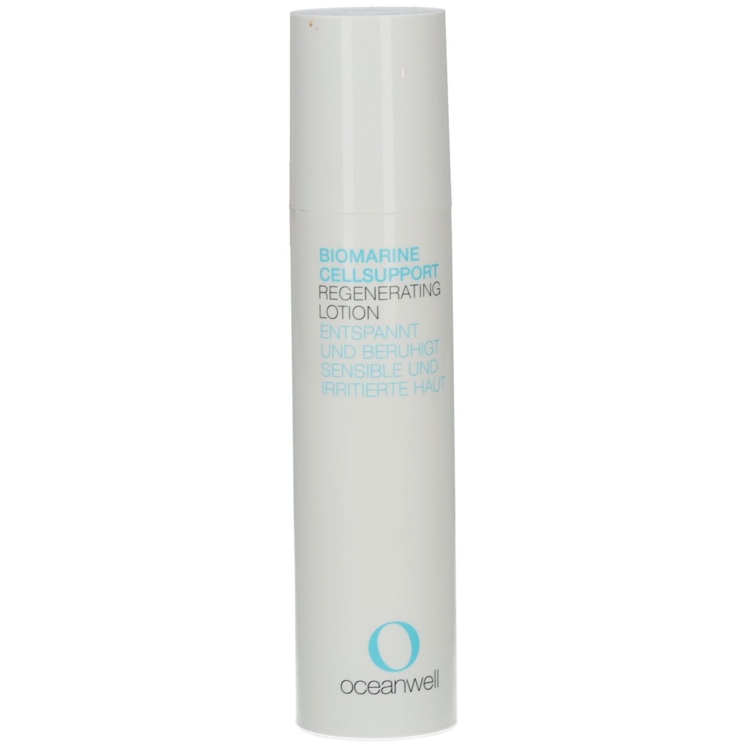 Weiße Lotion-Flasche. Text: Biomarine Cellsupport Regenerating Lotion. Entspannt und beruhigt sensible und irritierte Haut. Oceanwell-Logo.
