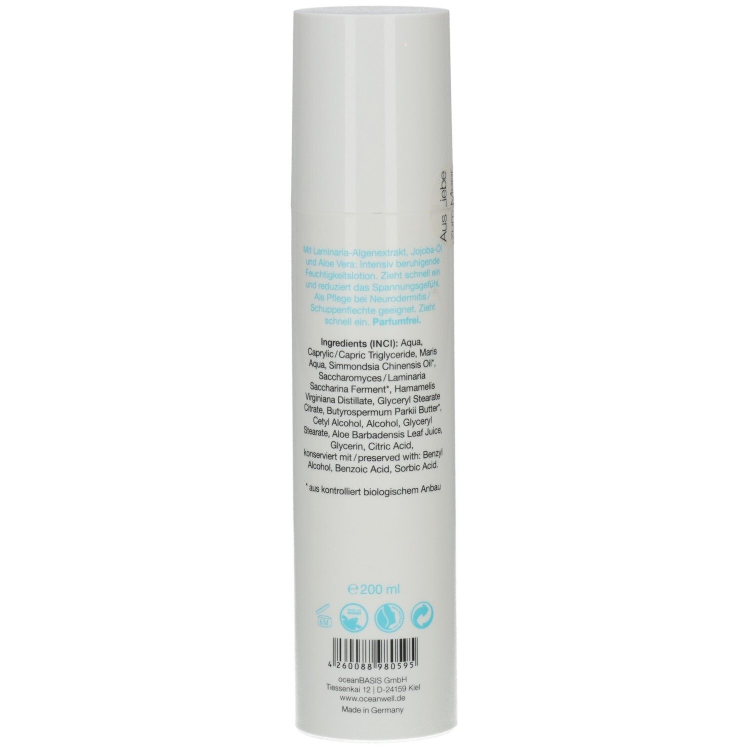 Weiße Lotion-Flasche. Zutatenliste und Text: 200 ml. Oceanwell-Logo. Hergestellt in Deutschland. Barcode.