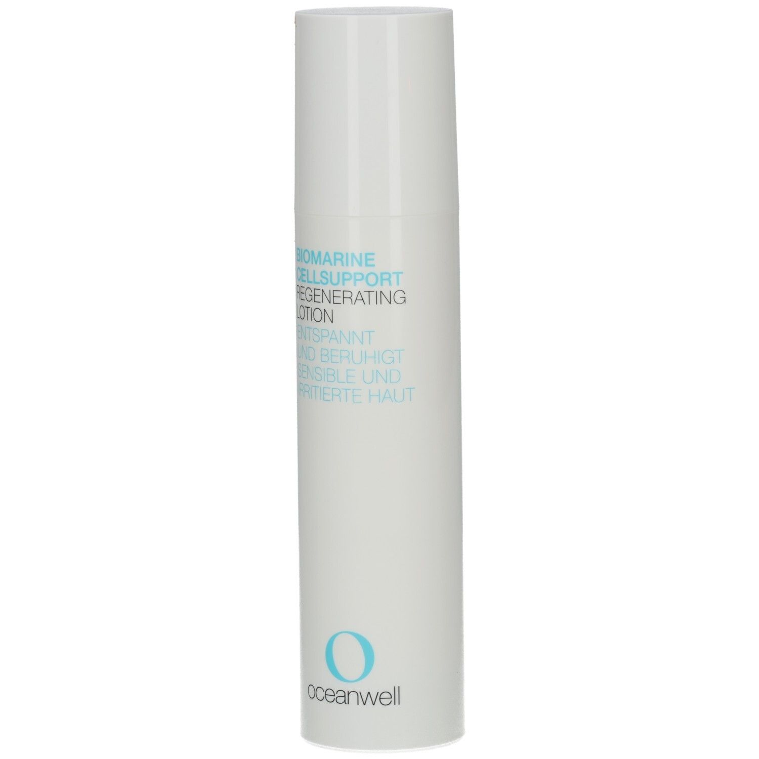 Weiße Lotion-Flasche. Text: Biomarine Cellsupport Regenerating Lotion. Entspannt und beruhigt sensible und irritierte Haut. Oceanwell-Logo.