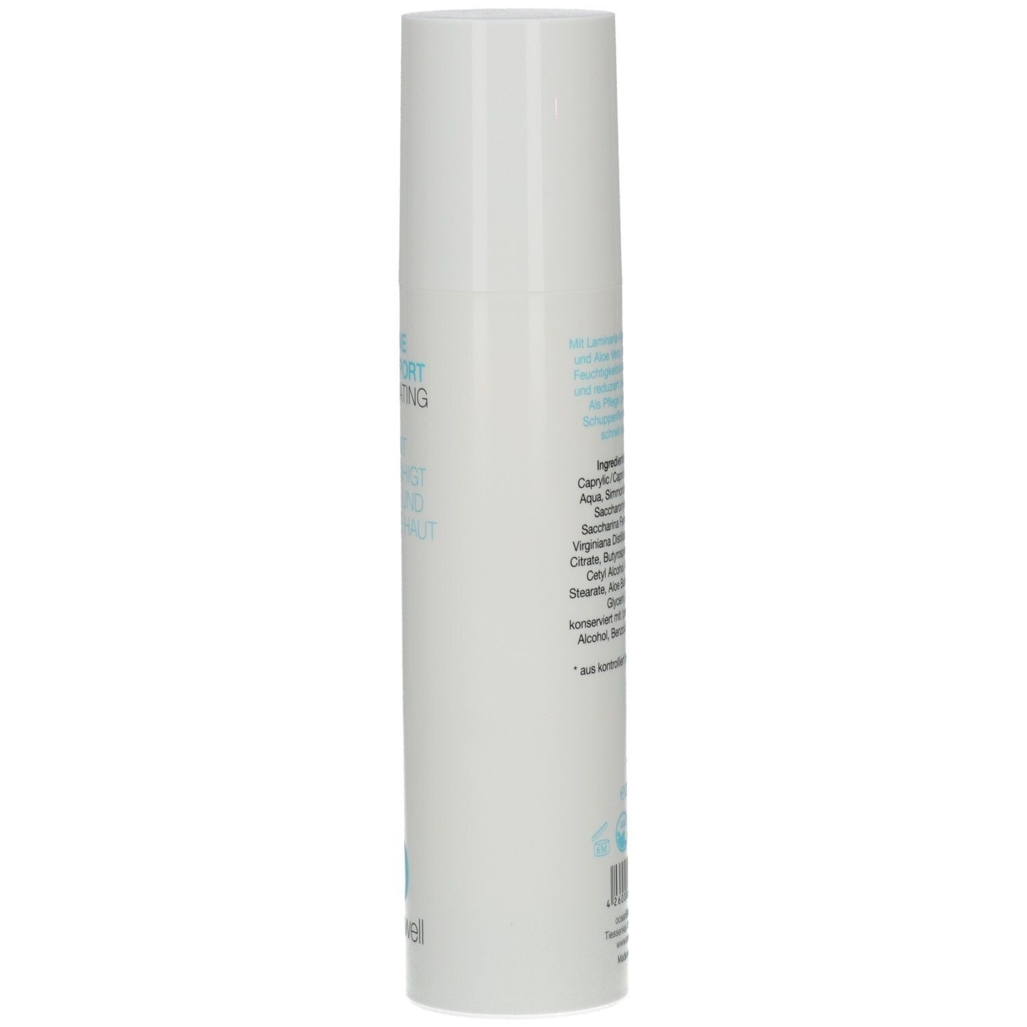 Weiße Lotion-Flasche. Text: Biomarine Cellsupport Regenerating Lotion. Zutatenliste. Oceanwell-Logo und Barcode.