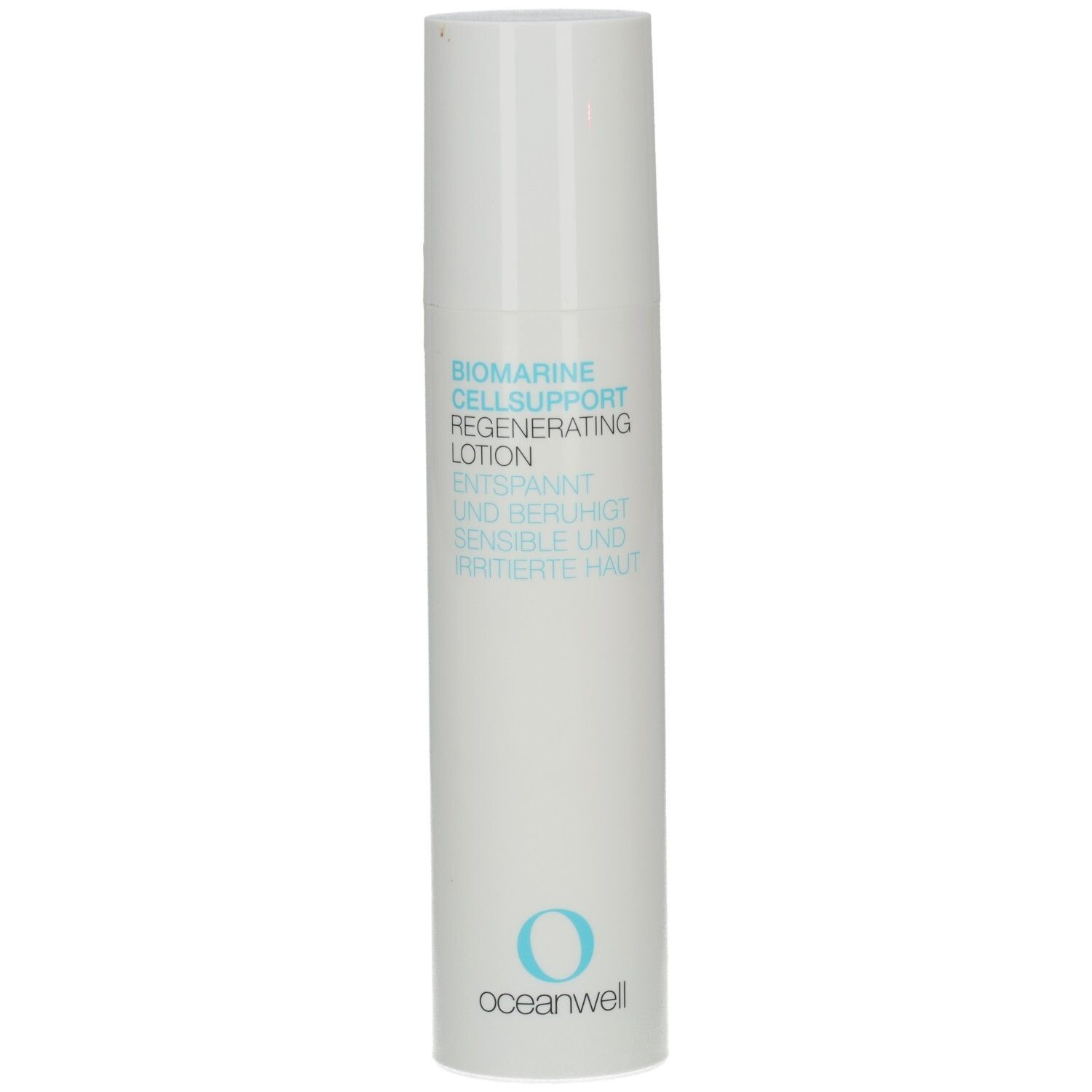 Weiße Lotion-Flasche. Text: Biomarine Cellsupport Regenerating Lotion. Entspannt und beruhigt sensible und irritierte Haut. Oceanwell-Logo.