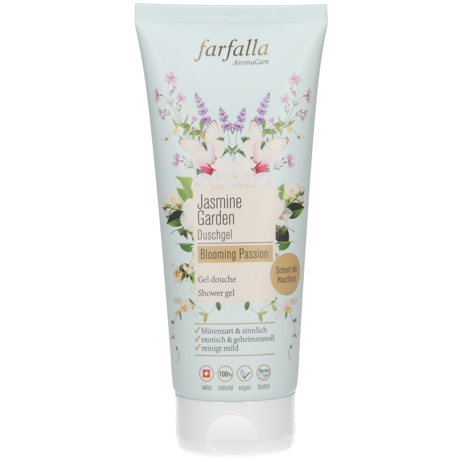 Farfalla Duschgel Jasmine Garden Blooming Passion in einer hellblauen Tube mit Blumenmuster. Enthält Siegel für Swiss, Natural, Vegan, Tested.