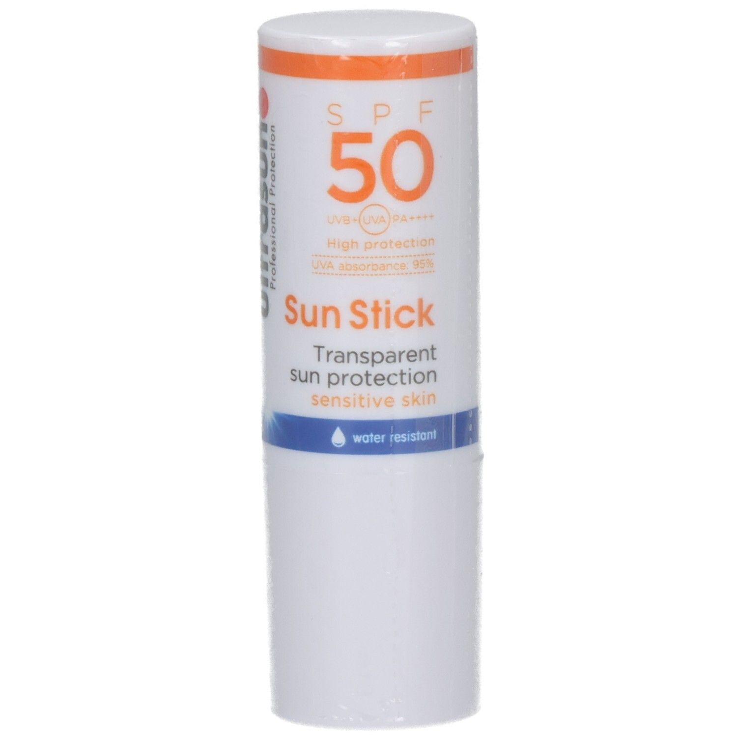 Weißer Sonnenschutz-Stick mit orangefarbenem Streifen. Aufschrift: SPF 50, Sun Stick, transparenter Sonnenschutz für empfindliche Haut.