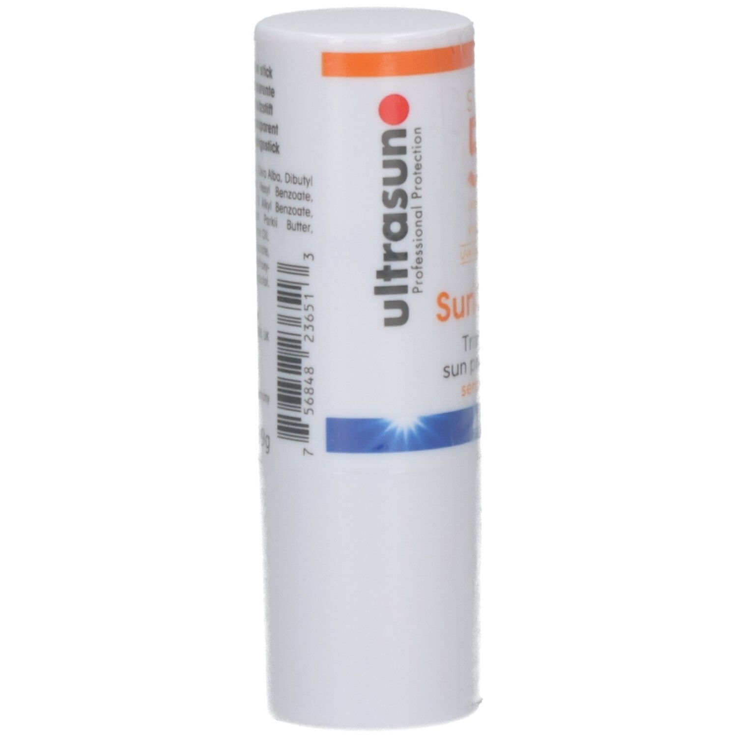 Weißer Sonnenschutz-Stick mit orangefarbenem Streifen. Aufschrift: Ultrasun, Professional Protection. Rückseite mit Inhaltsstoffen.