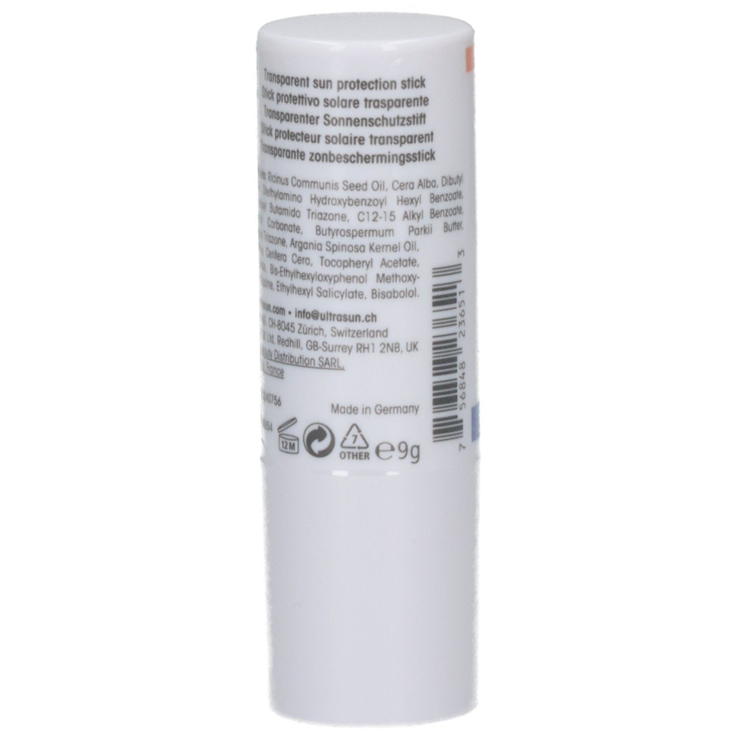 Weißer Sonnenschutz-Stick. Rückseite mit Inhaltsstoffen, Herstellerinformationen und Recycling-Symbolen. Gewicht: 9g.