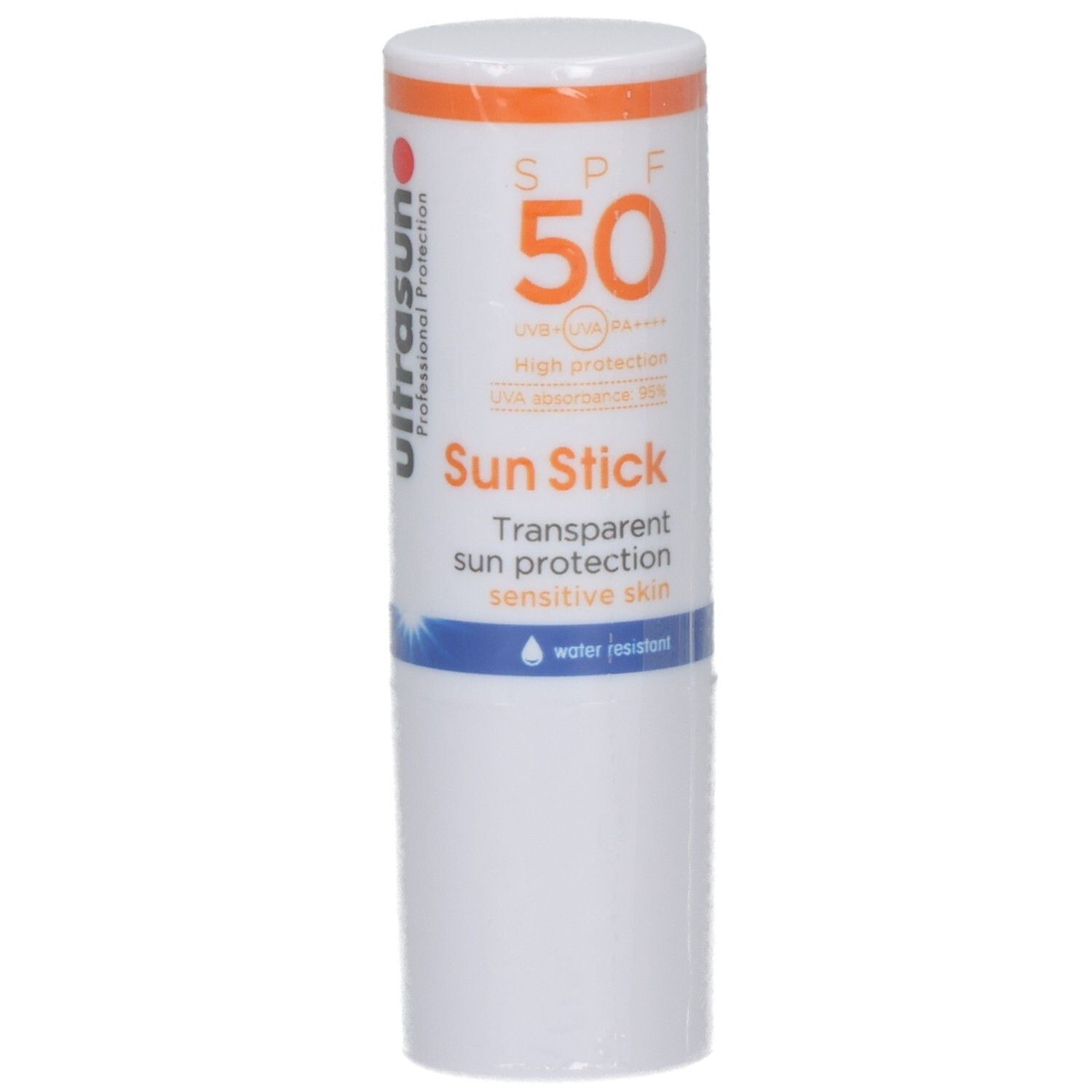 Weißer Sonnenschutz-Stick mit orangefarbenem Streifen. Aufschrift: SPF 50, Sun Stick, transparenter Sonnenschutz für empfindliche Haut.