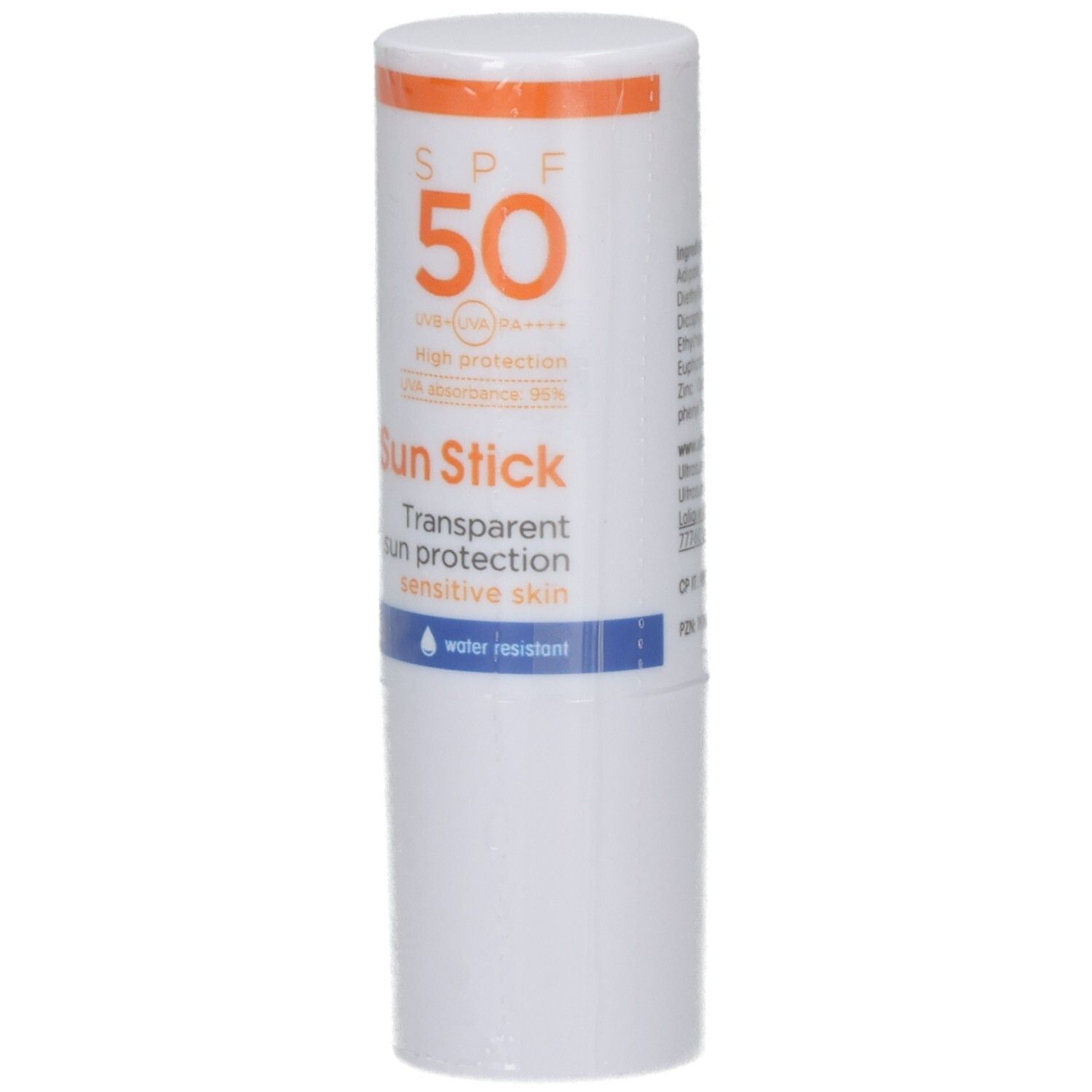 Weißer Sonnenschutz-Stick mit orangefarbenem Streifen. Aufschrift: SPF 50, Sun Stick, transparenter Sonnenschutz für empfindliche Haut.