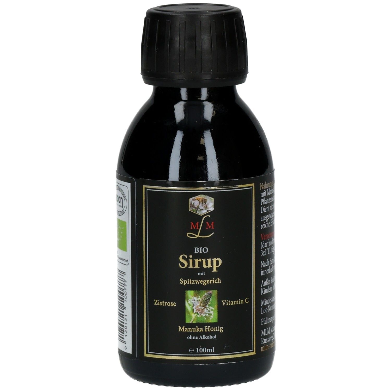 Braune Flasche mit schwarzem Deckel. Etikett mit Produktinformationen und Bio-Siegel. Sichtbare Schriftzüge: BIO Sirup, Zistrose, Vitamin C.