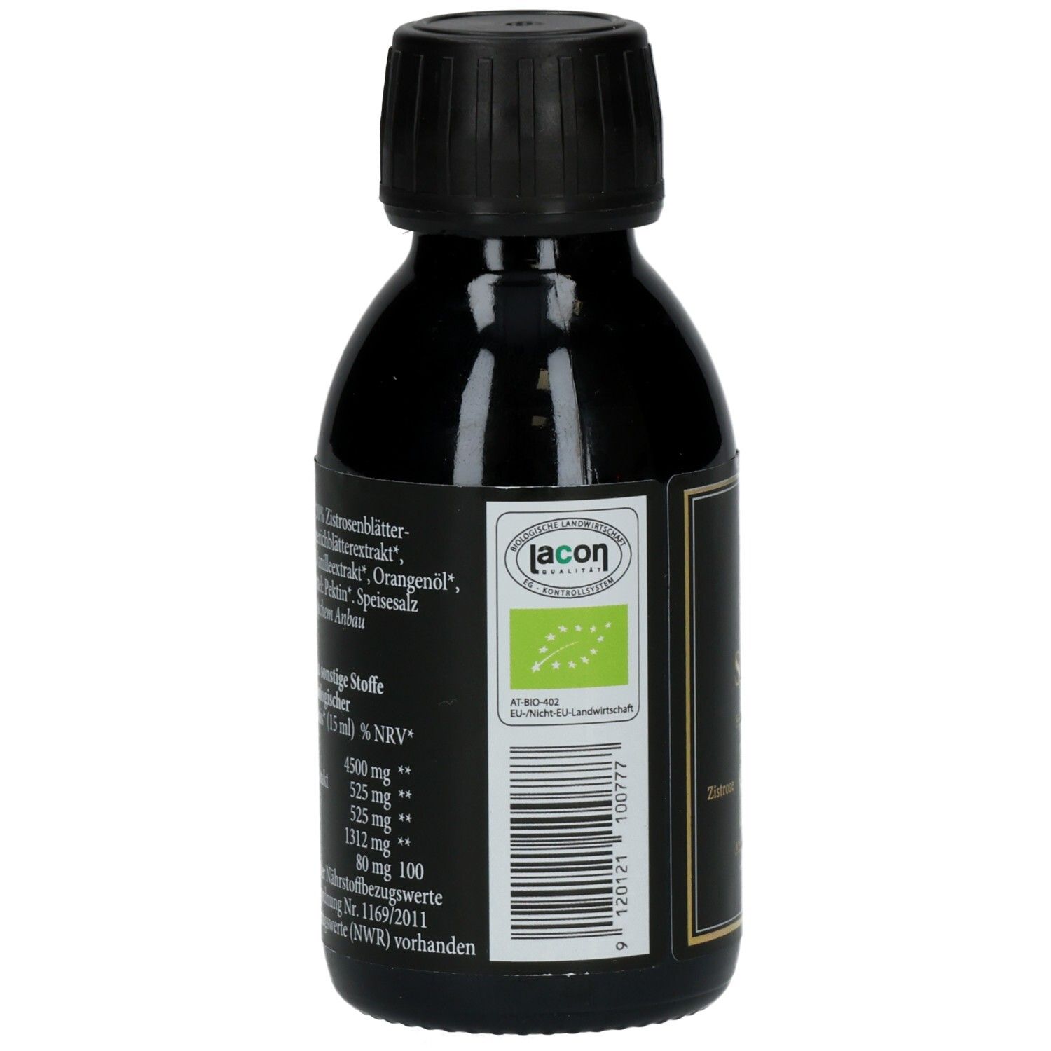 Rückseite einer braunen Flasche mit schwarzem Deckel. Etikett mit Zutatenliste, Nährwertangaben und Bio-Siegel. Text in deutscher Sprache.