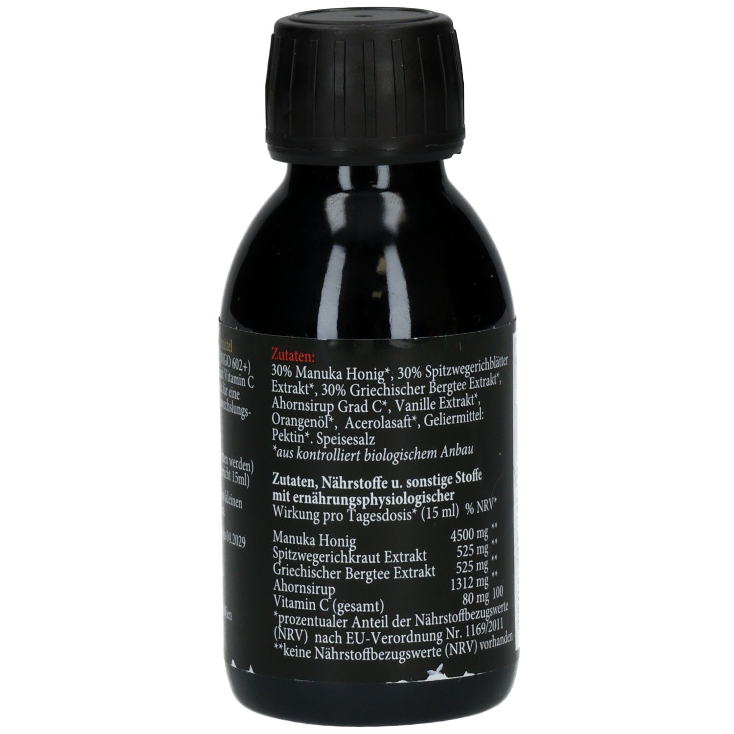 Rückansicht der braunen Flasche. Etikett mit Zutatenliste und Nährwertangaben. Bio-Siegel.