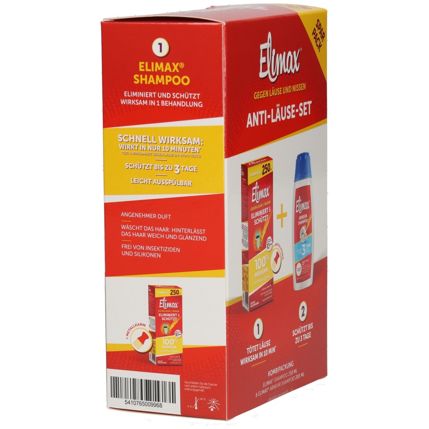 Elimax Anti-Läuse-Set, Seite mit Informationen zu Shampoo, Wirksamkeit und Anwendung.