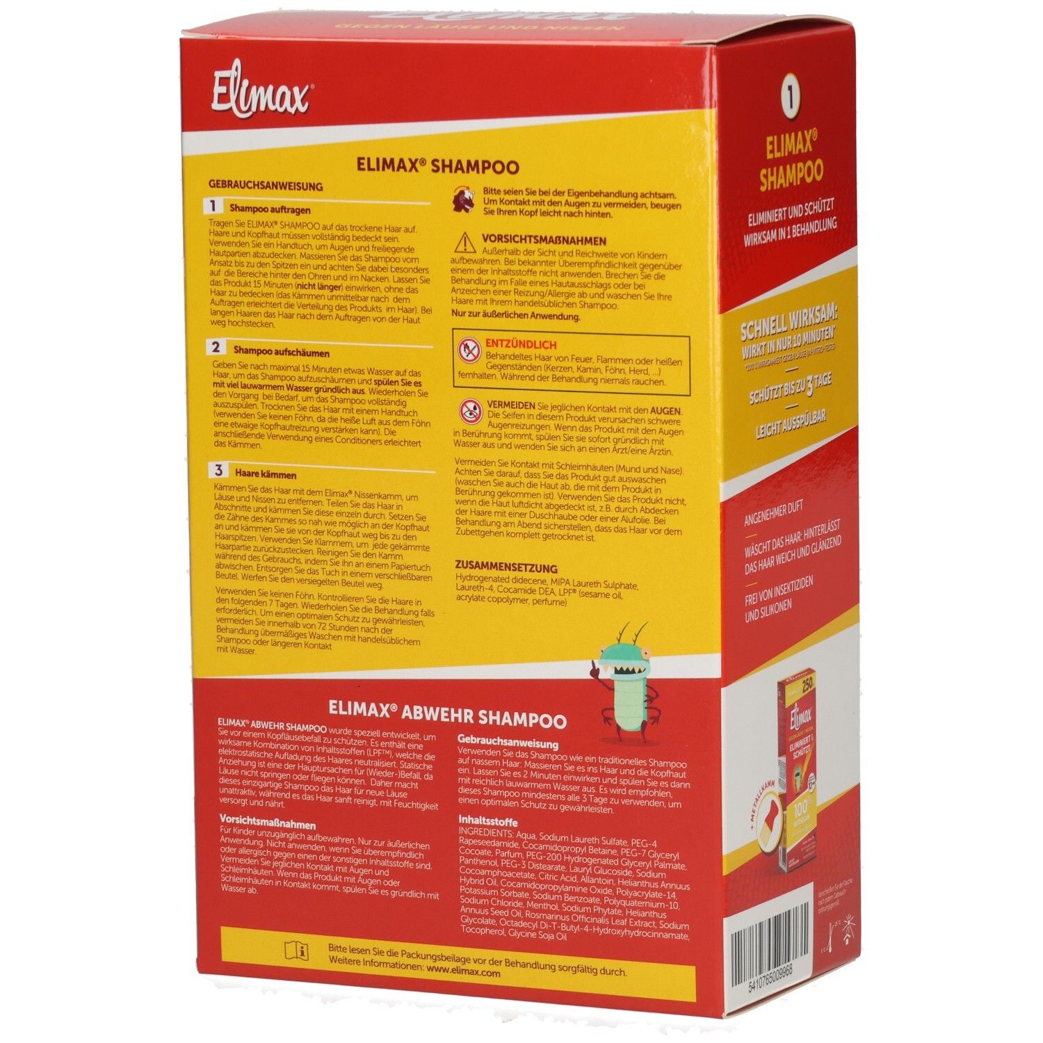 Rückseite der Elimax Anti-Läuse-Set Verpackung mit detaillierten Anwendungshinweisen.