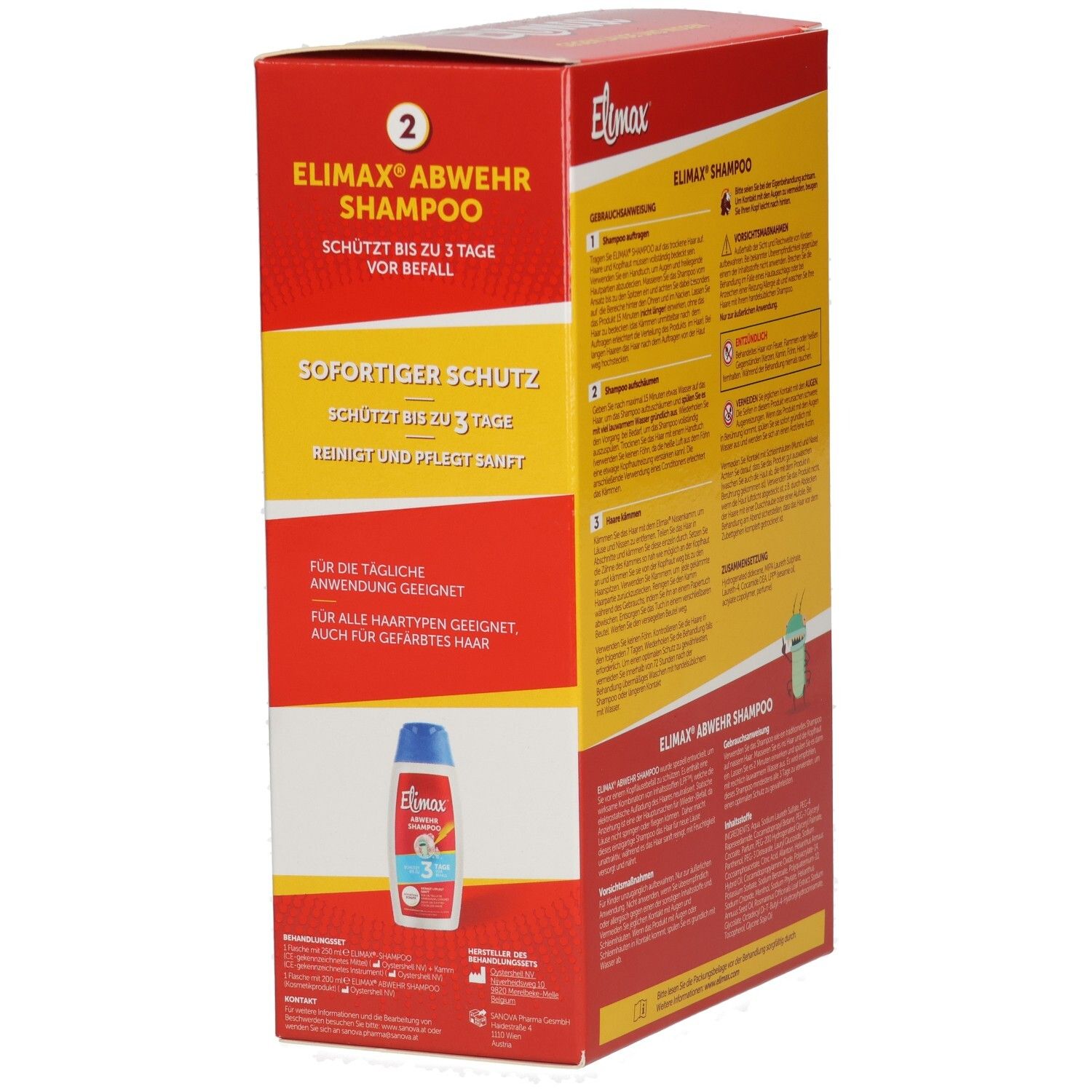 Elimax Anti-Läuse-Set, Seite mit Informationen zu Abwehrshampoo, Schutz und Anwendung.