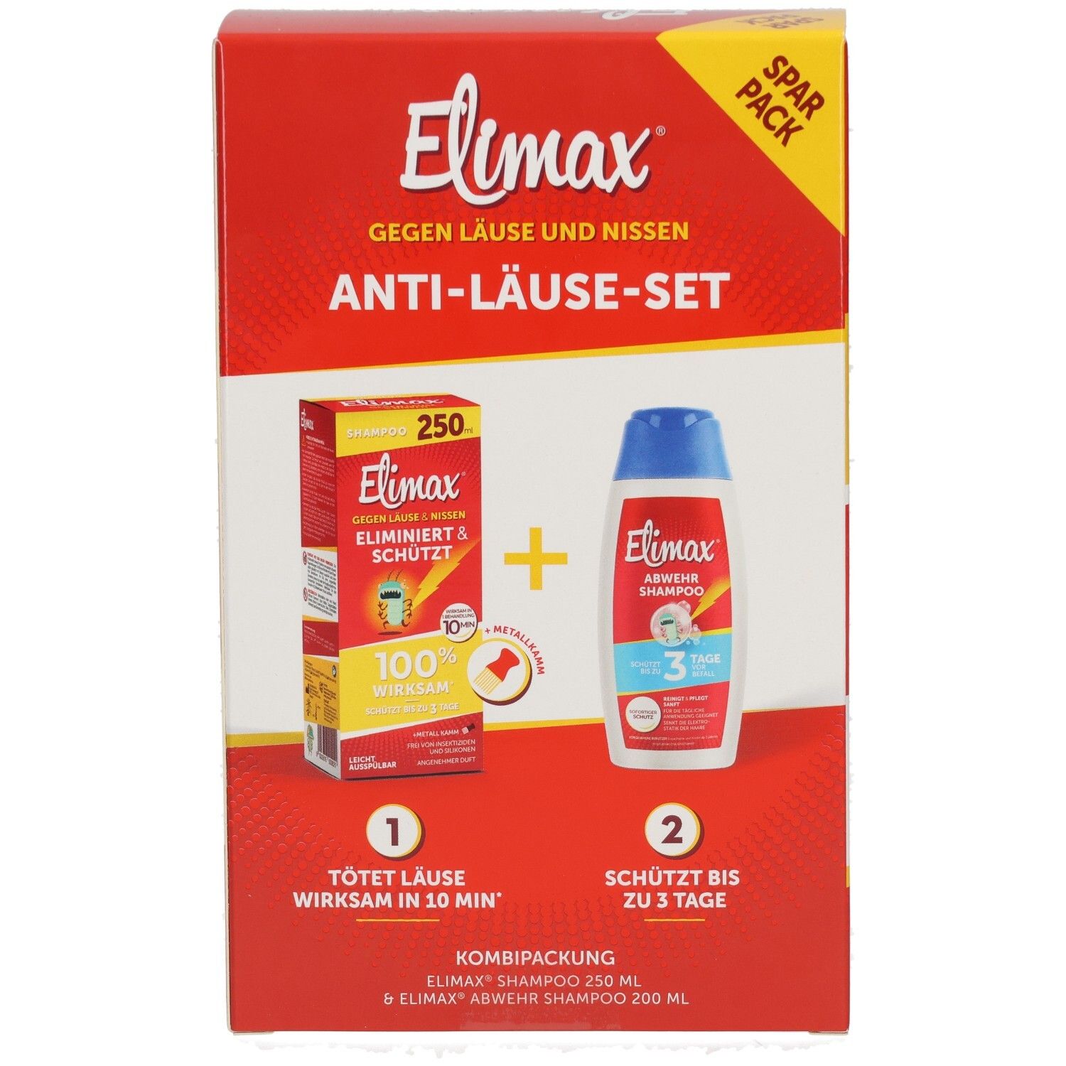Elimax Anti-Läuse-Set Kombipackung mit 250ml Shampoo und 200ml Abwehrshampoo.
