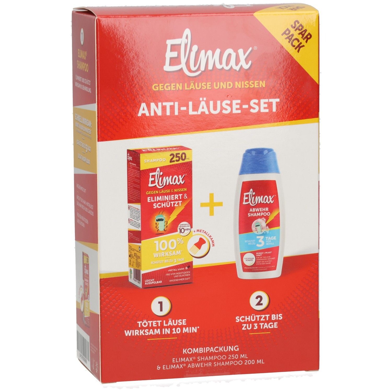 Elimax Anti-Läuse-Set Kombipackung mit 250ml Shampoo und 200ml Abwehrshampoo.
