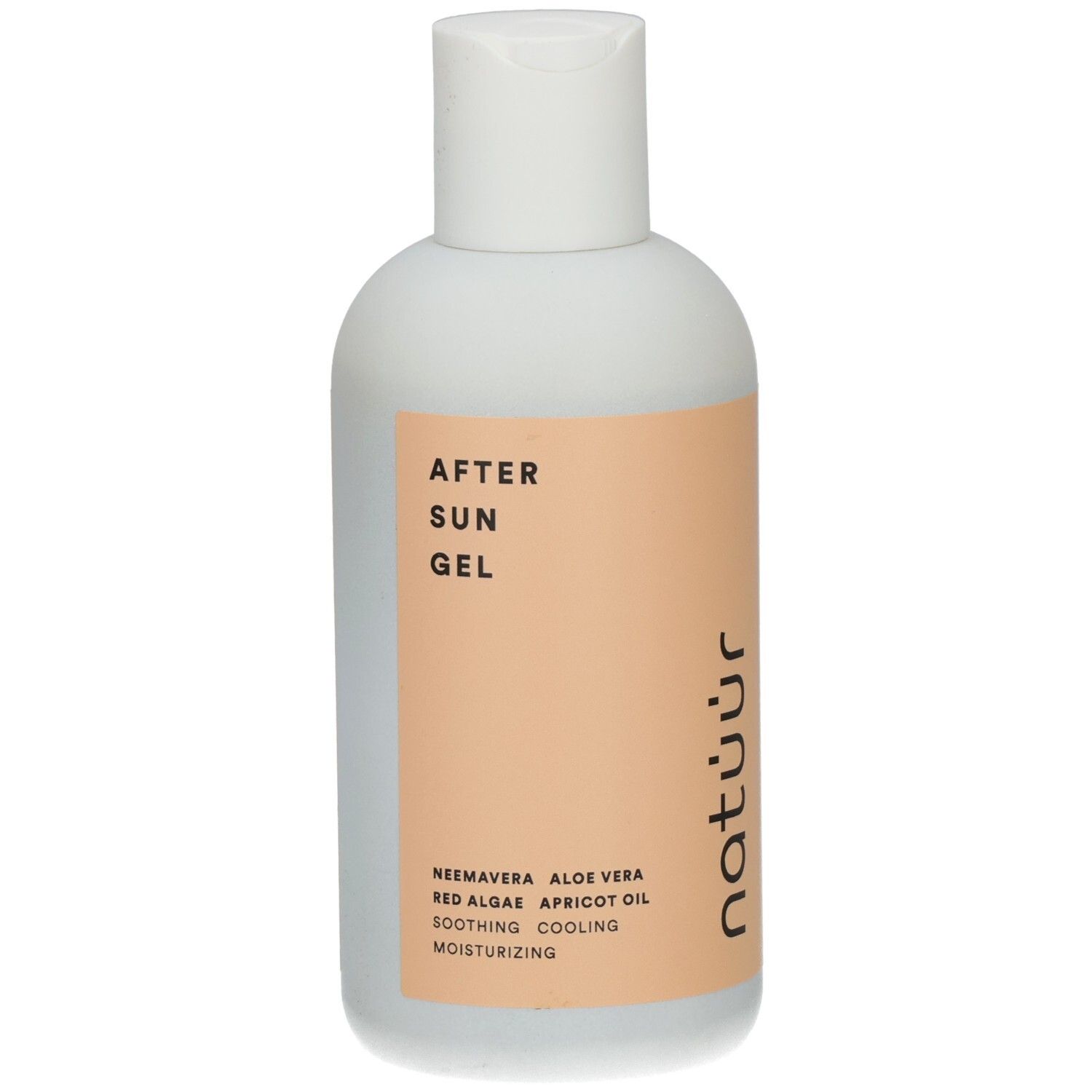 Flasche mit After Sun Gel. Aufschrift: AFTER SUN GEL, natüür, Neem, Aloe Vera, Rotalgen, Aprikosenöl, beruhigend, kühlend, feuchtigkeitsspendend.