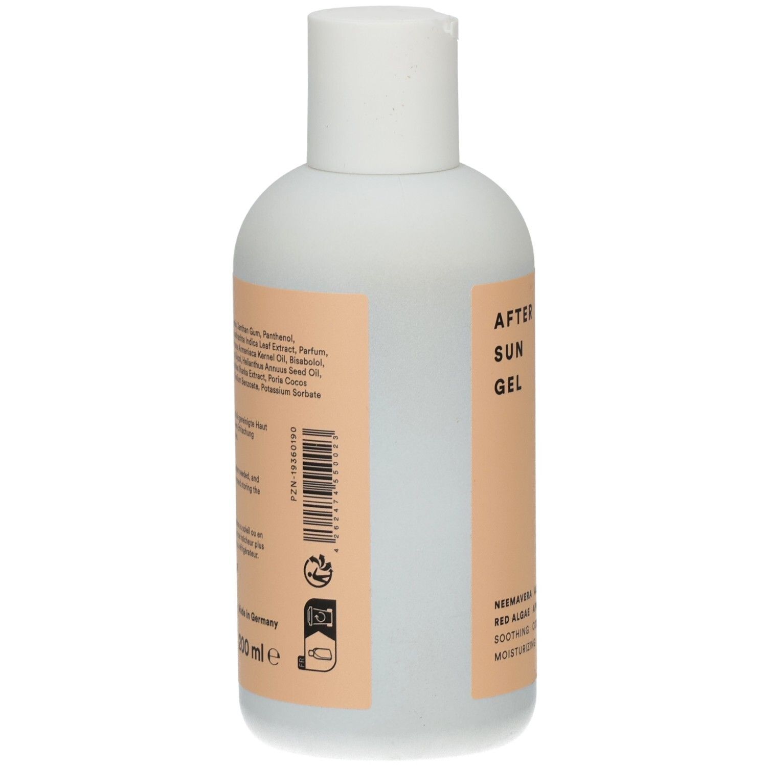 Rückseite der Flasche mit After Sun Gel. Text: Inhaltsstoffe, PZN, Barcode, 100 ml, Hergestellt in Deutschland, Recycling-Symbol.