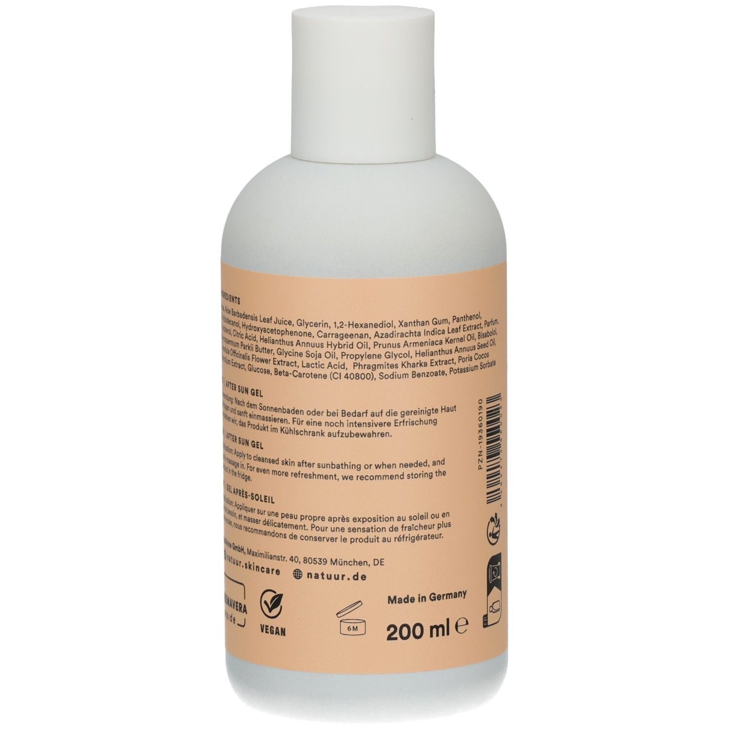 Rückseite der Flasche mit After Sun Gel. Text: Inhaltsstoffe, Anwendung, 200 ml, Made in Germany, Vegan-Logo.
