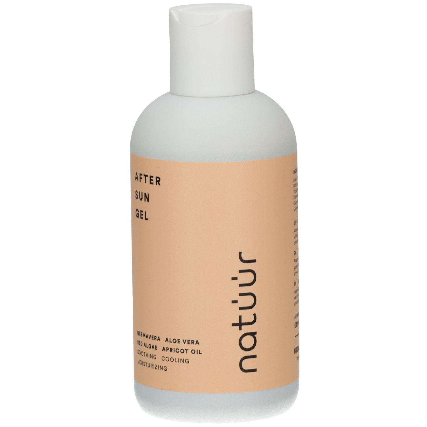 Flasche mit After Sun Gel. Aufschrift: AFTER SUN GEL, natüür, Neem, Aloe Vera, Rotalgen, Aprikosenöl, beruhigend, kühlend, feuchtigkeitsspendend.