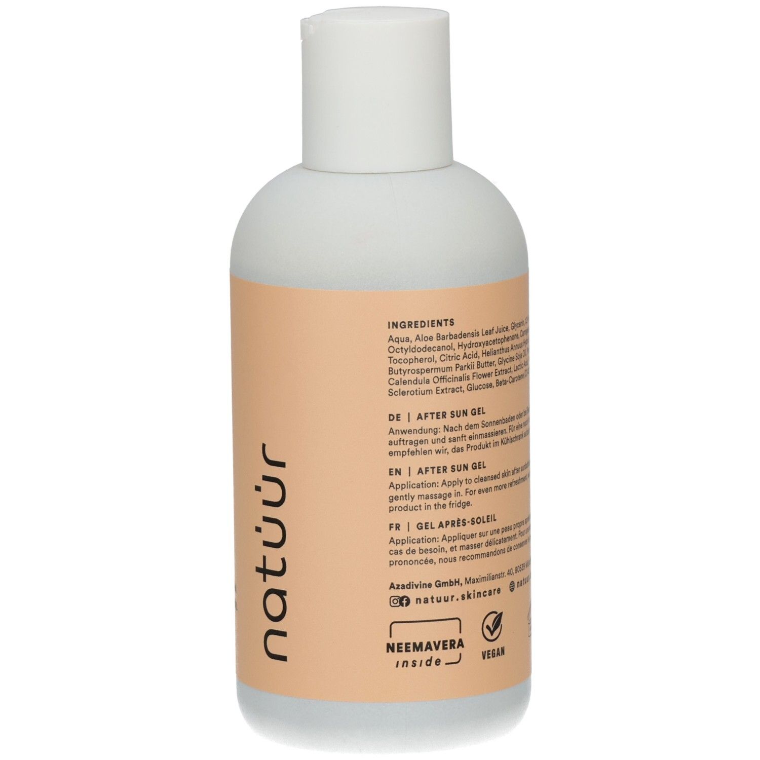 Rückseite der Flasche mit After Sun Gel. Text: Inhaltsstoffe, Anwendung, natüür, Neem, Vegan-Logo.