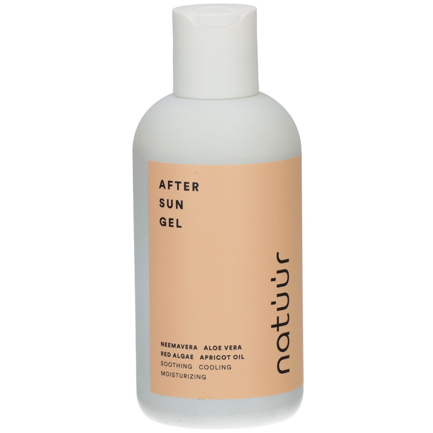 Flasche mit After Sun Gel. Aufschrift: AFTER SUN GEL, natüür, Neem, Aloe Vera, Rotalgen, Aprikosenöl, beruhigend, kühlend, feuchtigkeitsspendend.
