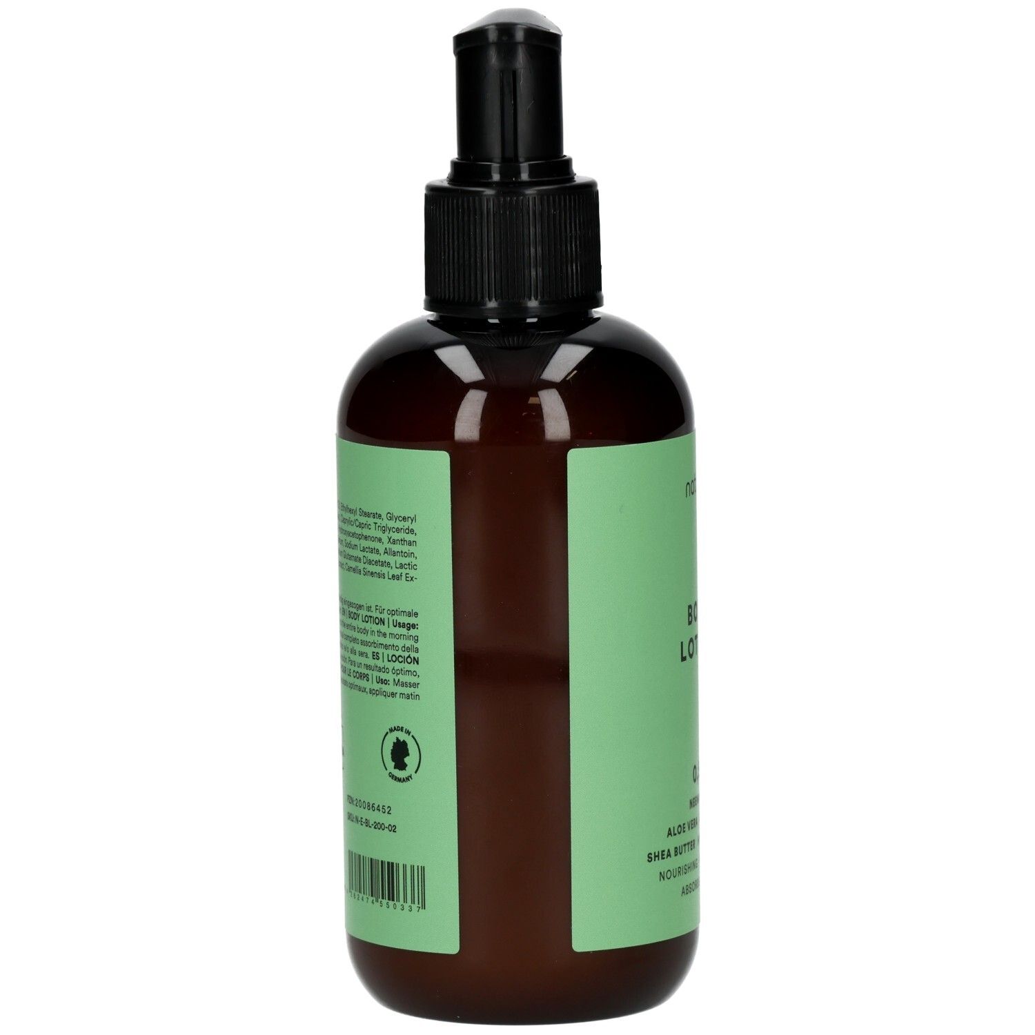 Rückseite der Flasche. Text: Inhaltsstoffe, Anwendung, 200 ml, Vegan-Siegel, Barcode.