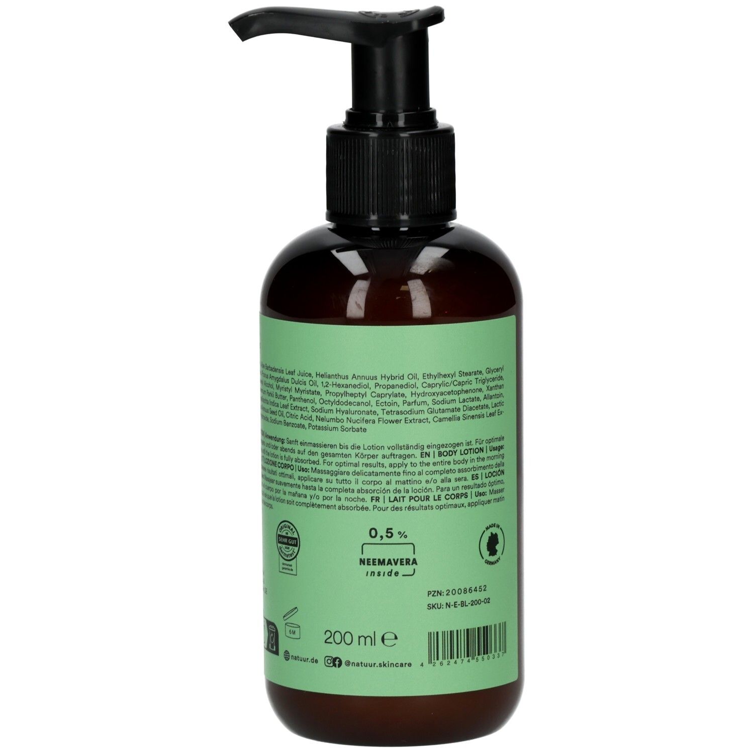 Rückseite der Flasche. Text: Inhaltsstoffe, Anwendung, 200 ml, Vegan-Siegel, Barcode.