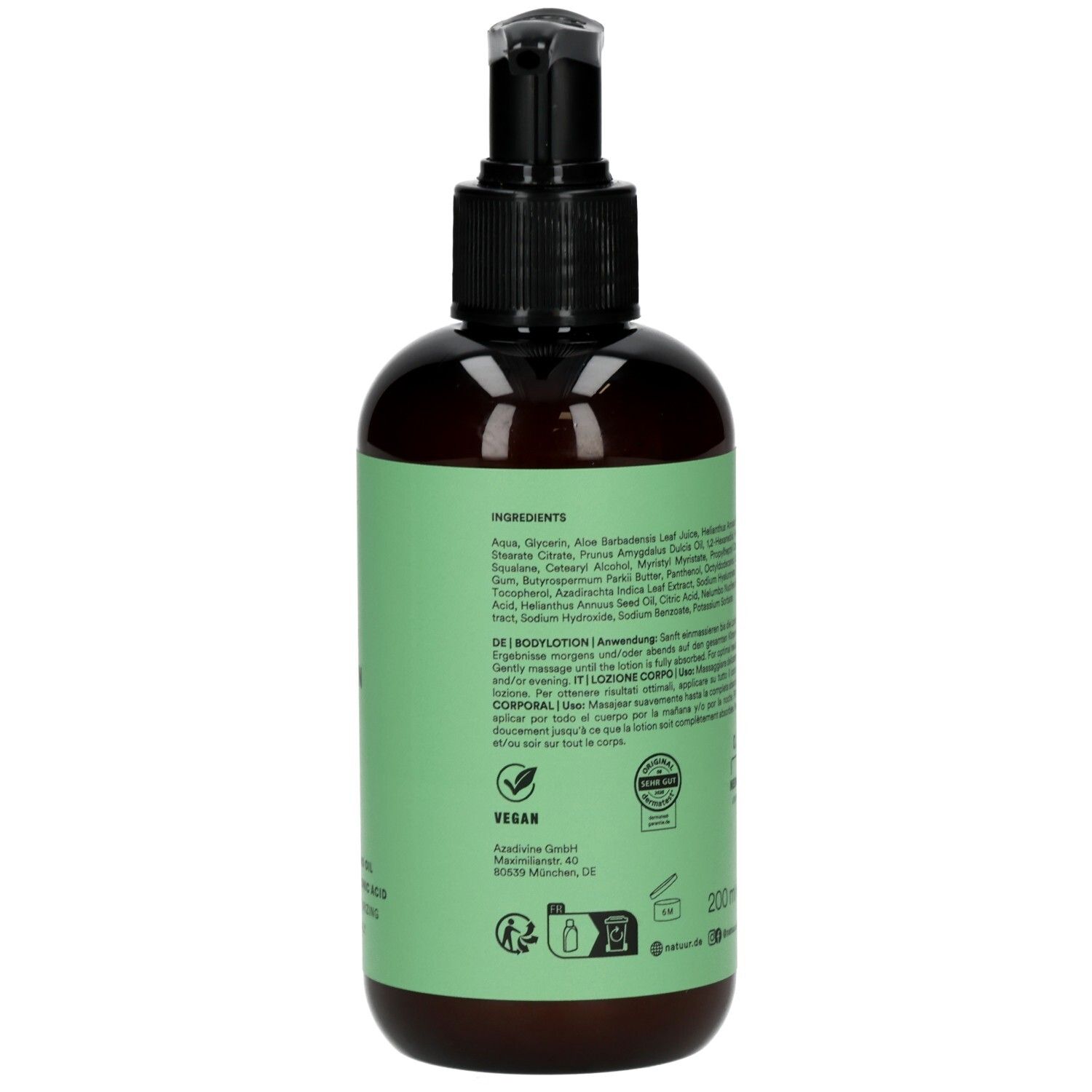 Rückseite der Flasche. Text: Inhaltsstoffe, Anwendung, 200 ml, Vegan-Siegel, Barcode.