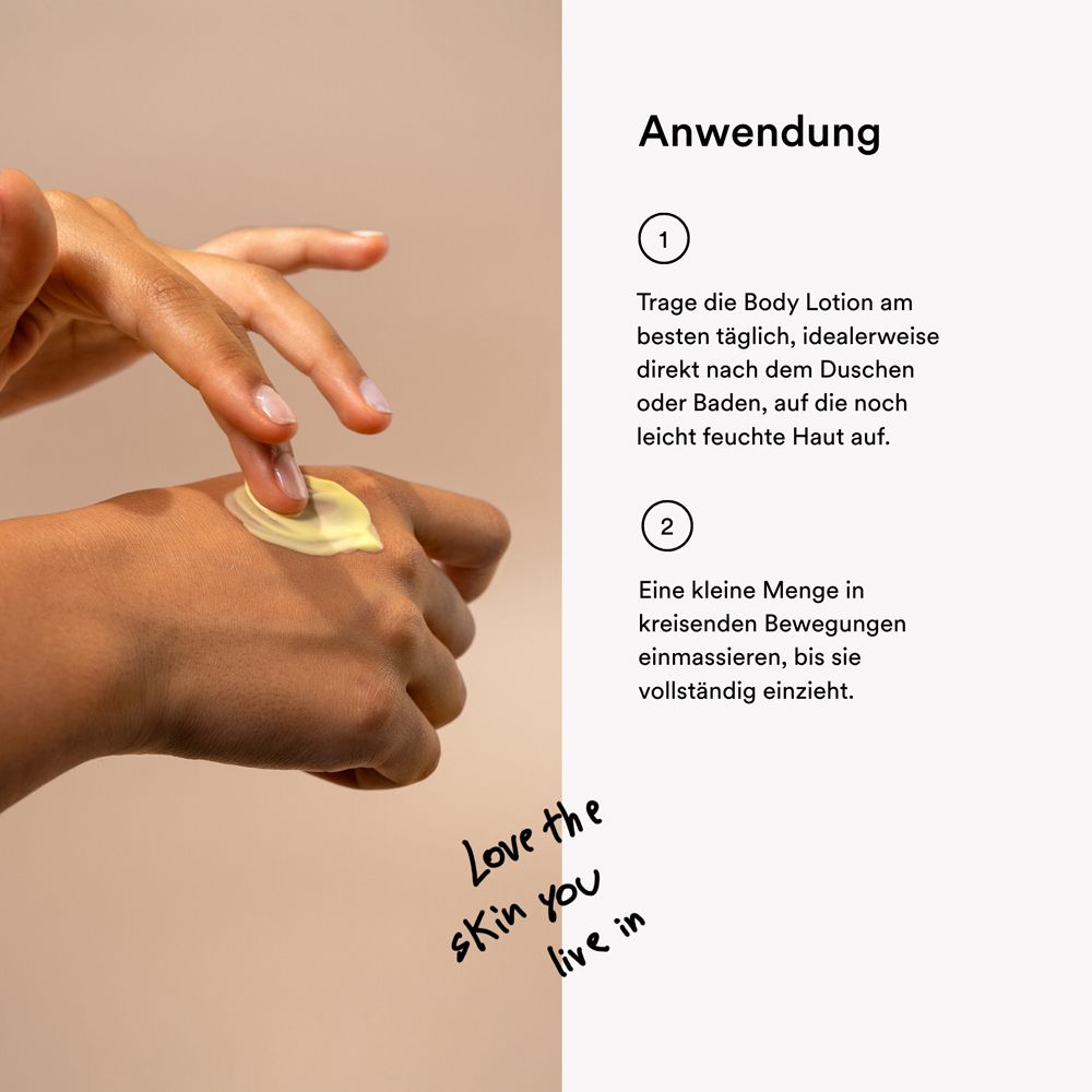 Hände tragen Lotion auf. Text: Anwendung. In kreisenden Bewegungen einmassieren.
