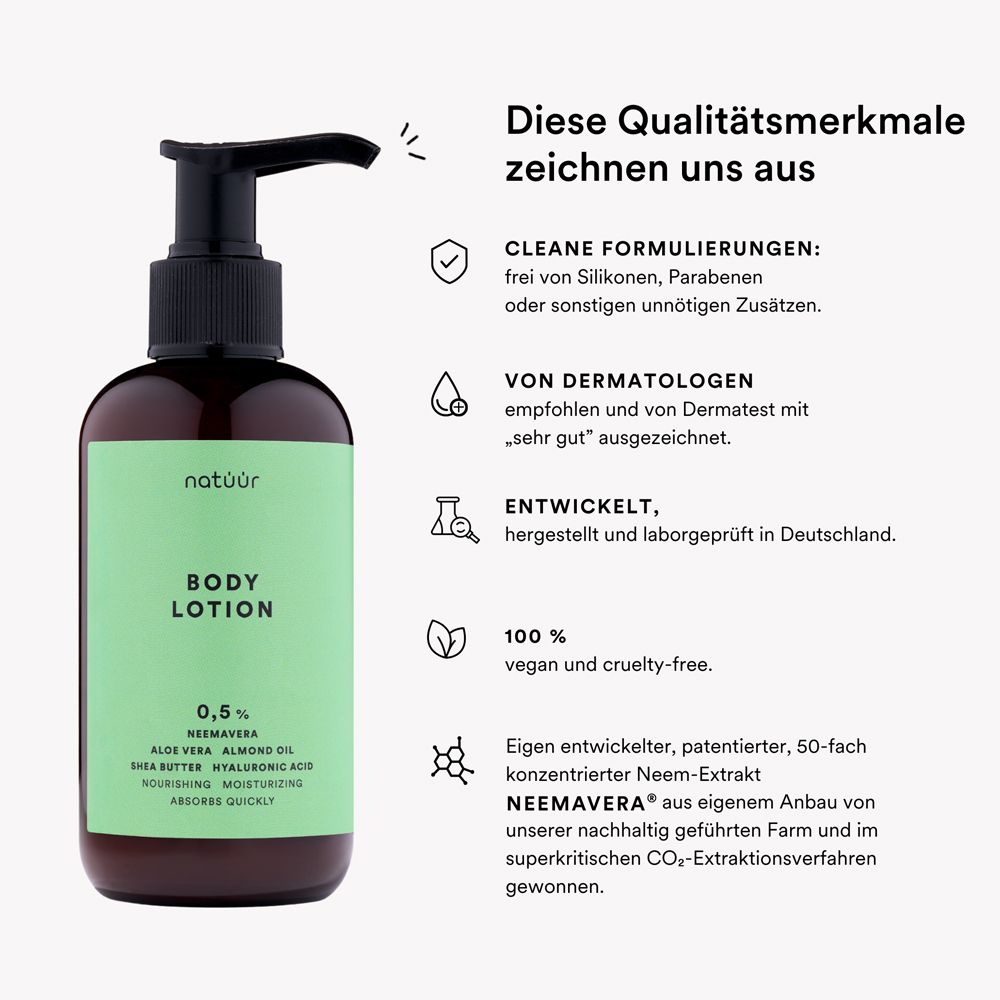 Flasche mit Text. Text: Cleane Formulierungen, von Dermatologen empfohlen, vegan, hergestellt in Deutschland.