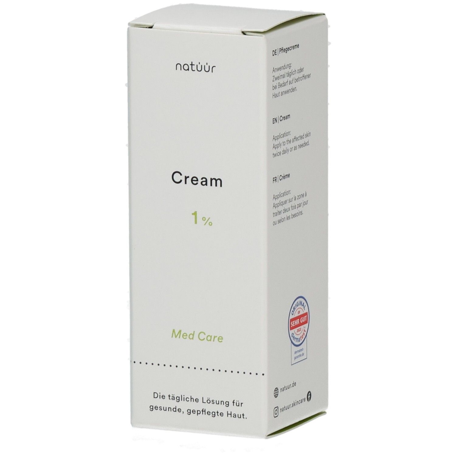 Weiße Faltschachtel mit Produktnamen "Cream 1%". "Med Care" und "natüür" sind ebenfalls sichtbar. Enthält Anwendungsangaben.