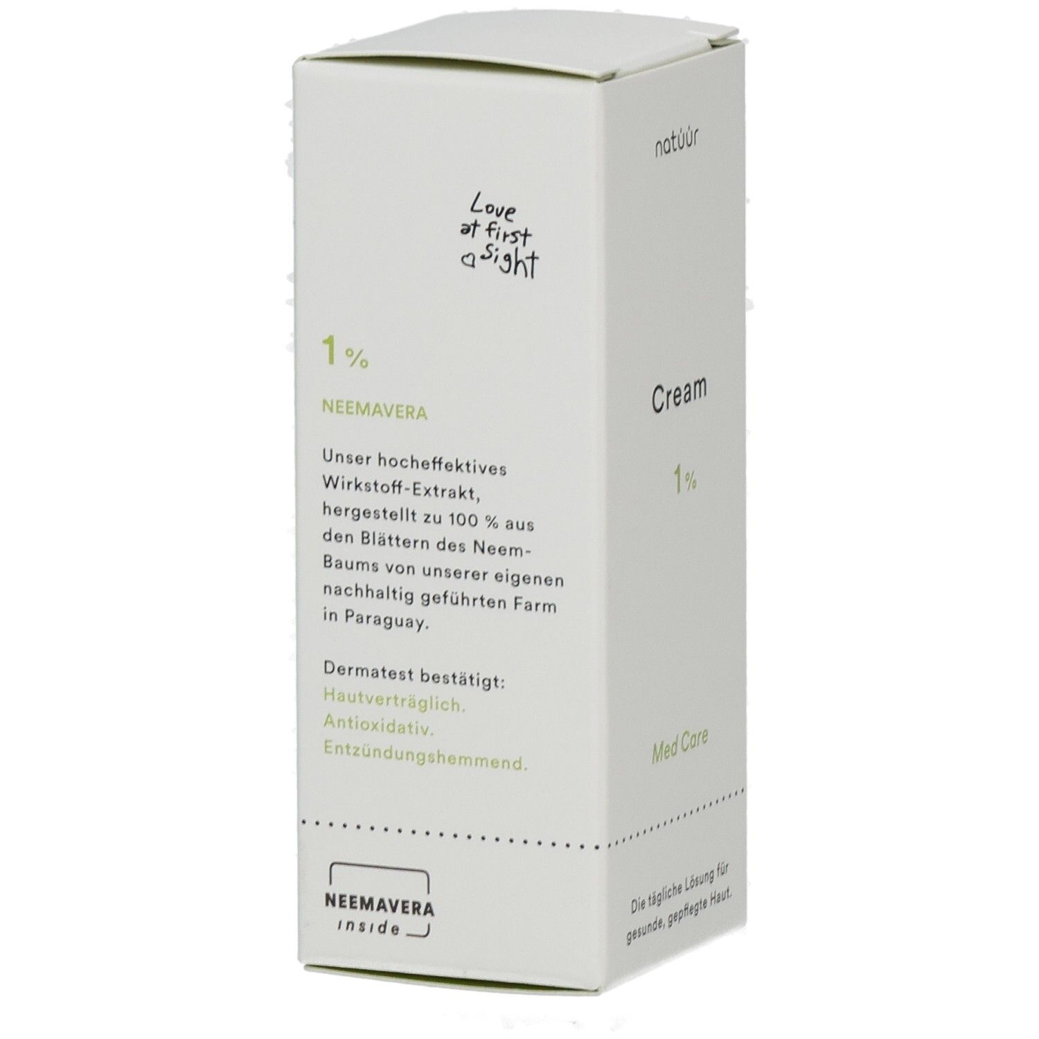 Weiße Faltschachtel mit "Cream 1%". Text: "NEEMAVERA inside". Enthält Produktinformationen und Inhaltsstoffe.