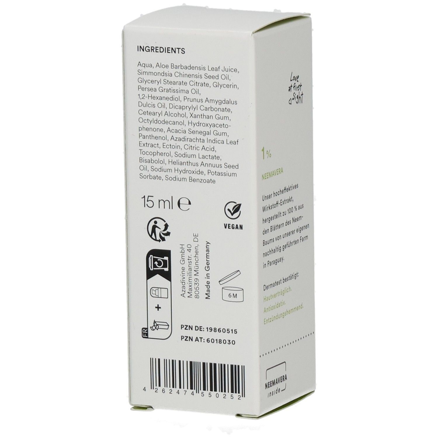 Rückseite der Faltschachtel mit Inhaltsstoffen und Produktinformationen. 15 ml, vegan-Siegel, PZN- und AT-Nummer.