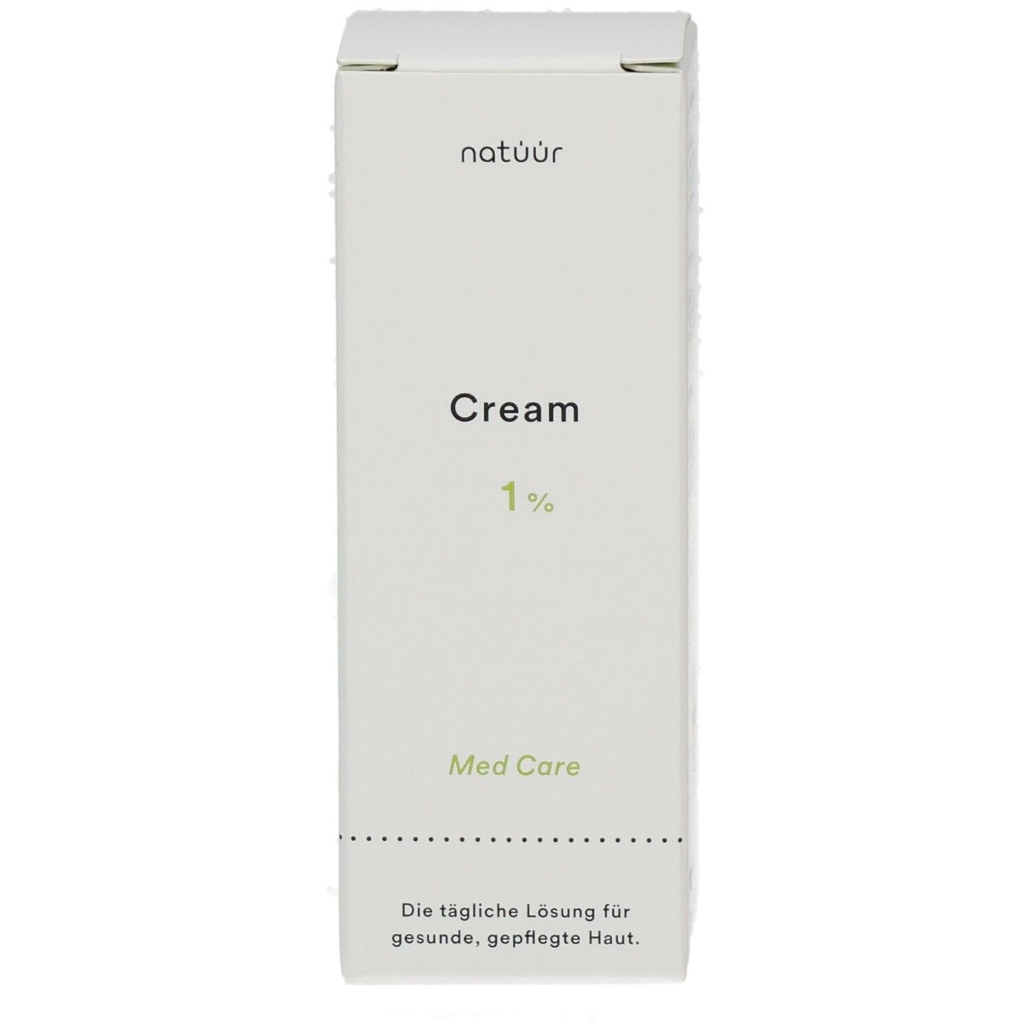 Weiße Faltschachtel mit "Cream 1%" und "Med Care". "natüür" ist ebenfalls sichtbar. Text: "Die tägliche Lösung für gesunde, gepflegte Haut".