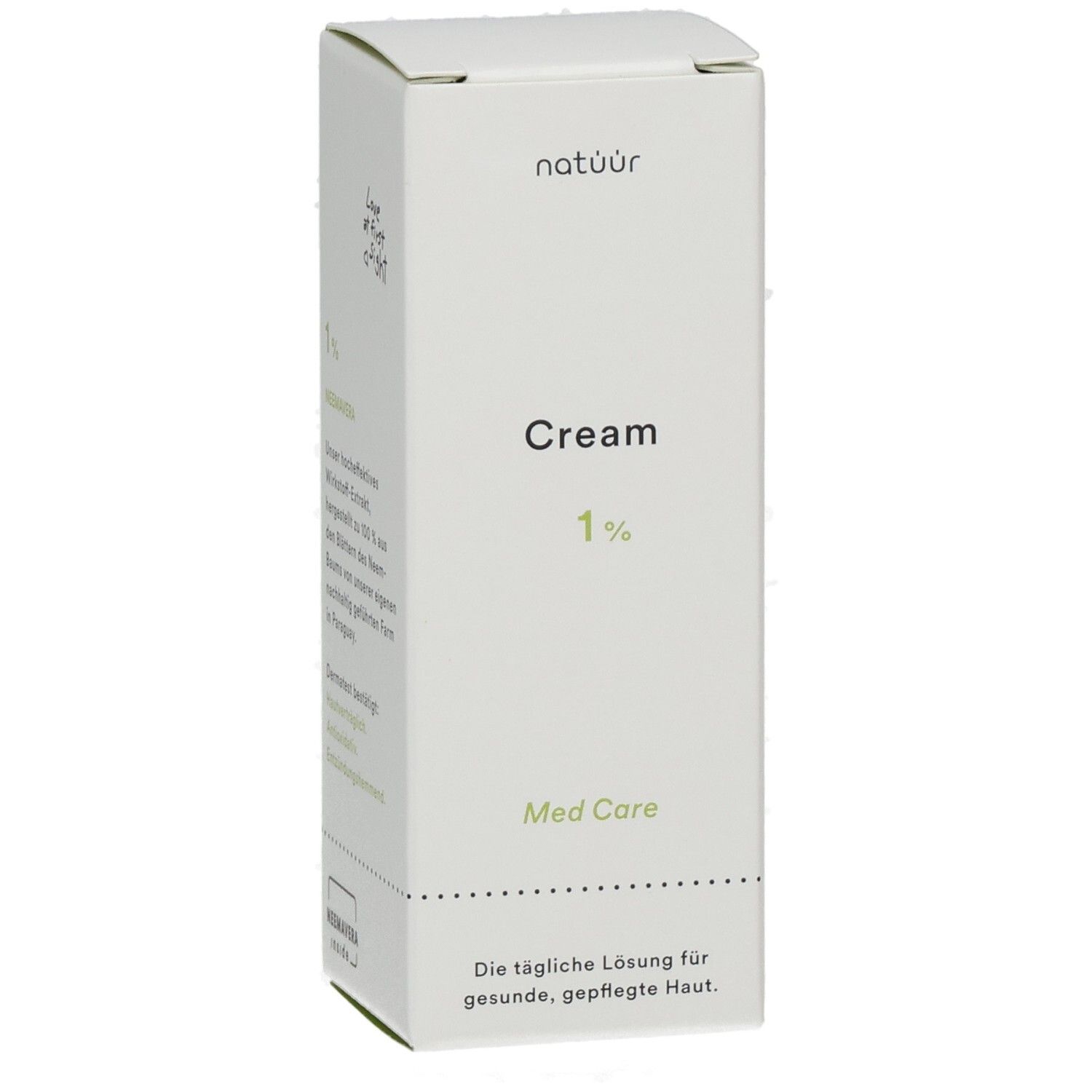 Weiße Faltschachtel mit "Cream 1%" und "Med Care". "natüür" ist ebenfalls sichtbar. Text: "Die tägliche Lösung für gesunde, gepflegte Haut".