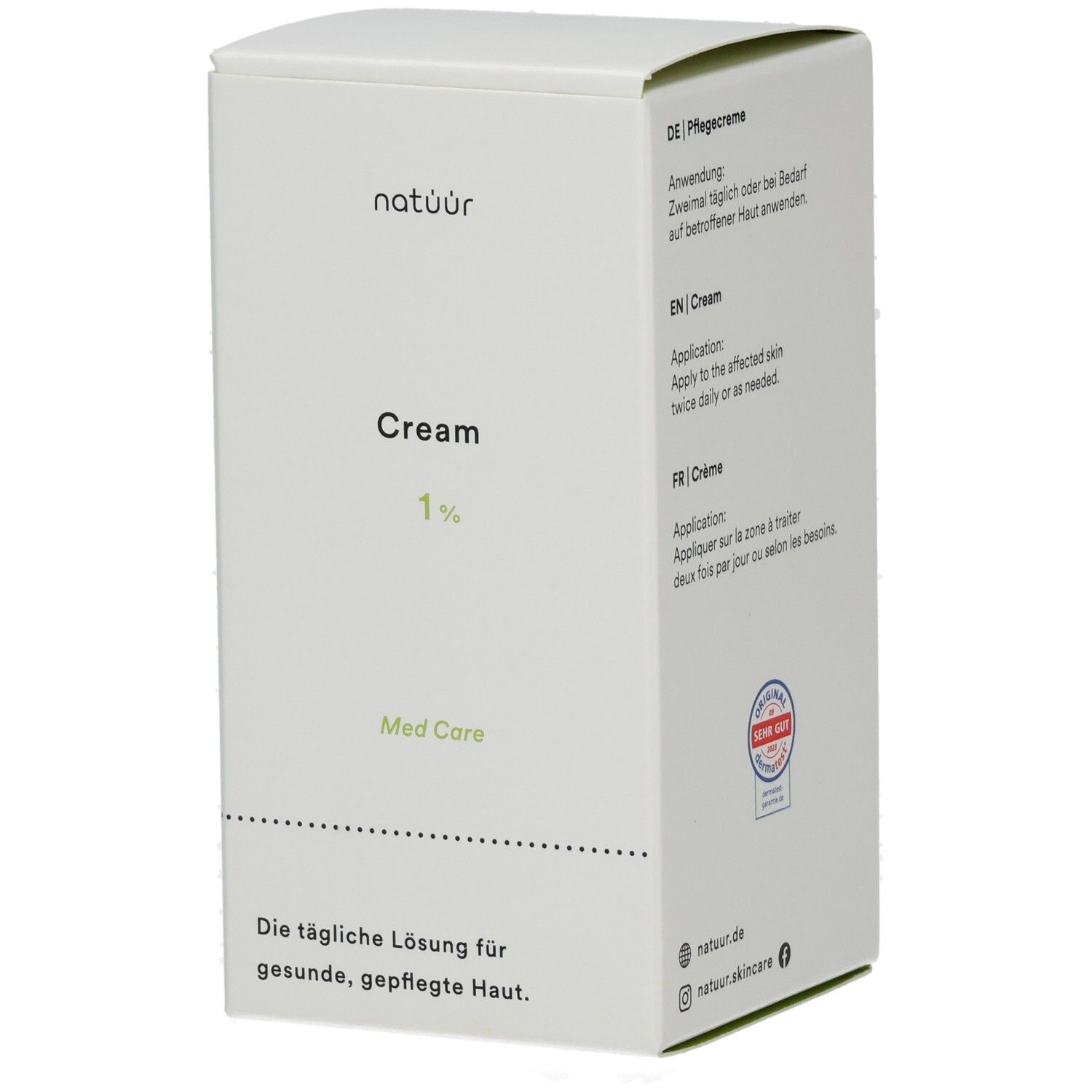 Weiße Produktverpackung mit Aufschrift "natüür Cream 1% Med Care". Enthält Text in Deutsch, Englisch und Französisch. Siegel.