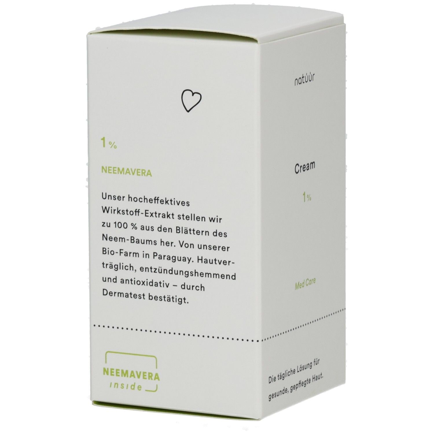 Weiße Verpackung mit "natüür Cream 1%". Text: "NEEMAVERA", Inhaltsstoffe, Herz-Symbol. "NEEMAVERA inside".