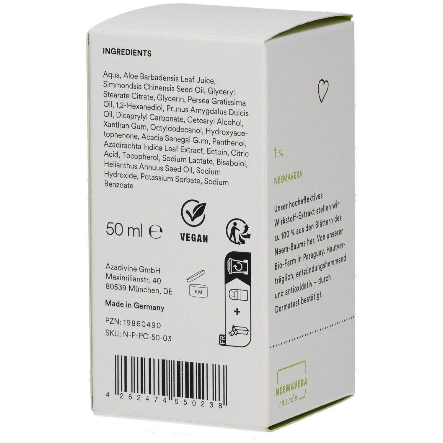 Verpackung mit Inhaltsstoffen, 50 ml, Vegan-Siegel. Herstelleradresse, PZN, SKU, Barcode.