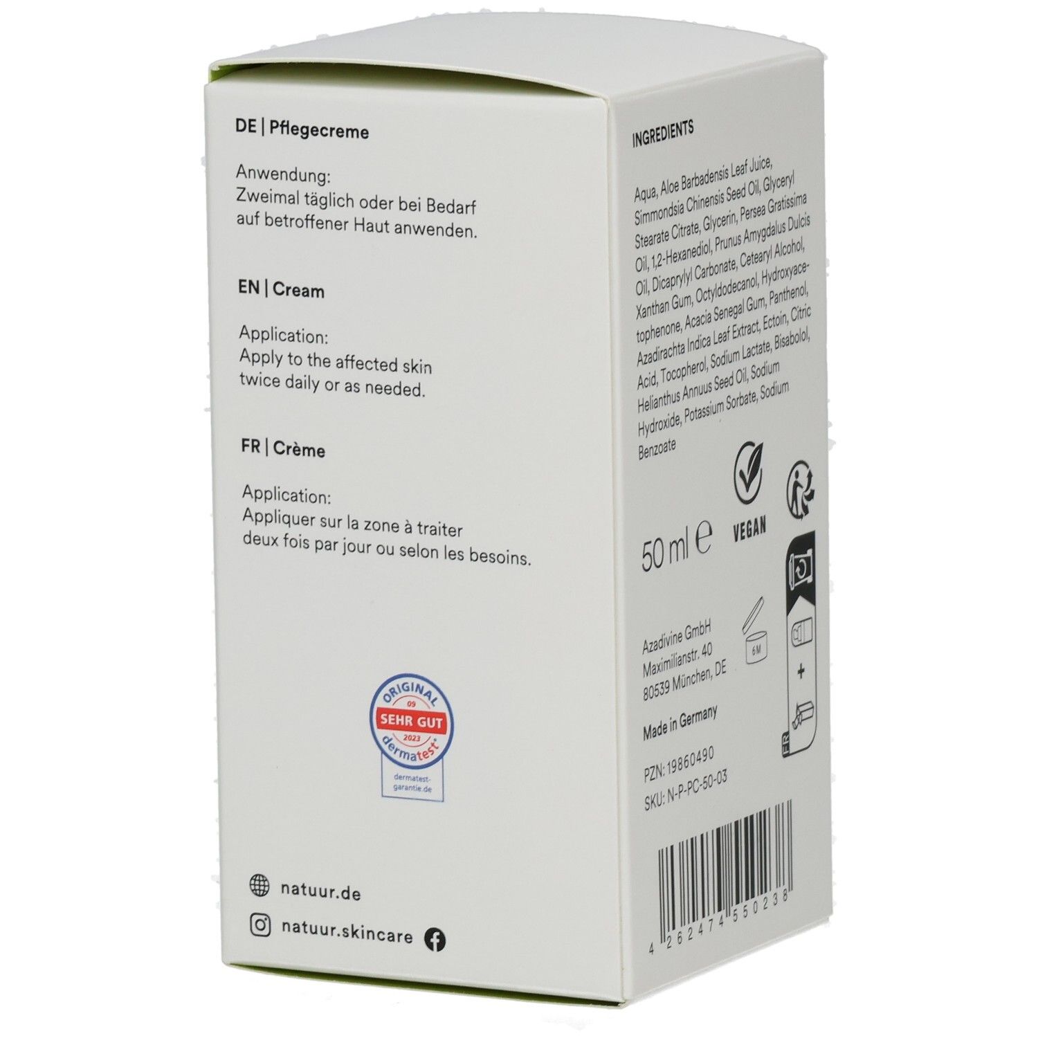 Rückseite der Verpackung mit Inhaltsstoffen, 50 ml, Vegan-Siegel. Herstelleradresse, PZN, SKU, Barcode.