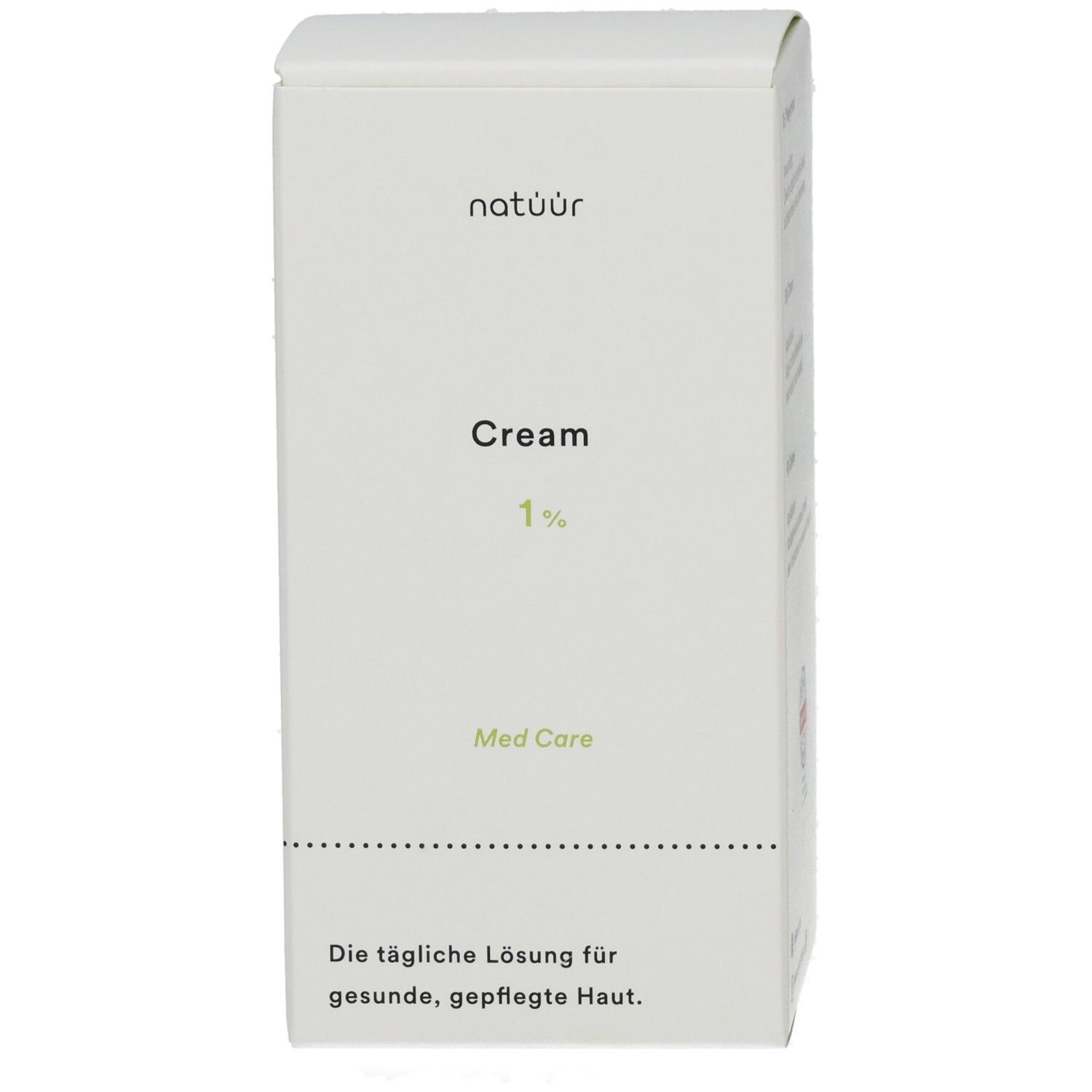 Weiße Verpackung mit "natüür Cream 1% Med Care". Text: "Die tägliche Lösung für gesunde, gepflegte Haut".