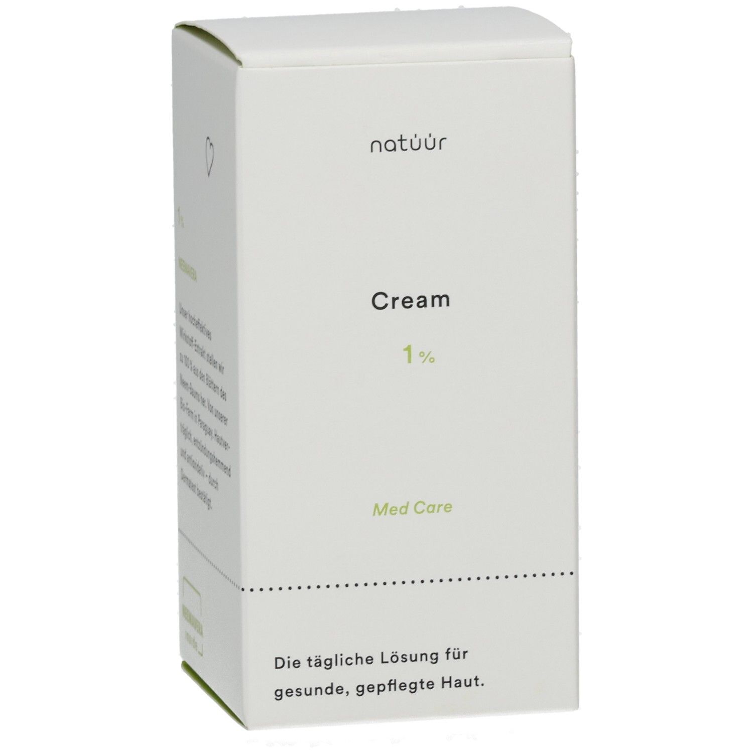 Weiße Verpackung mit "natüür Cream 1% Med Care". Text: "Die tägliche Lösung für gesunde, gepflegte Haut".
