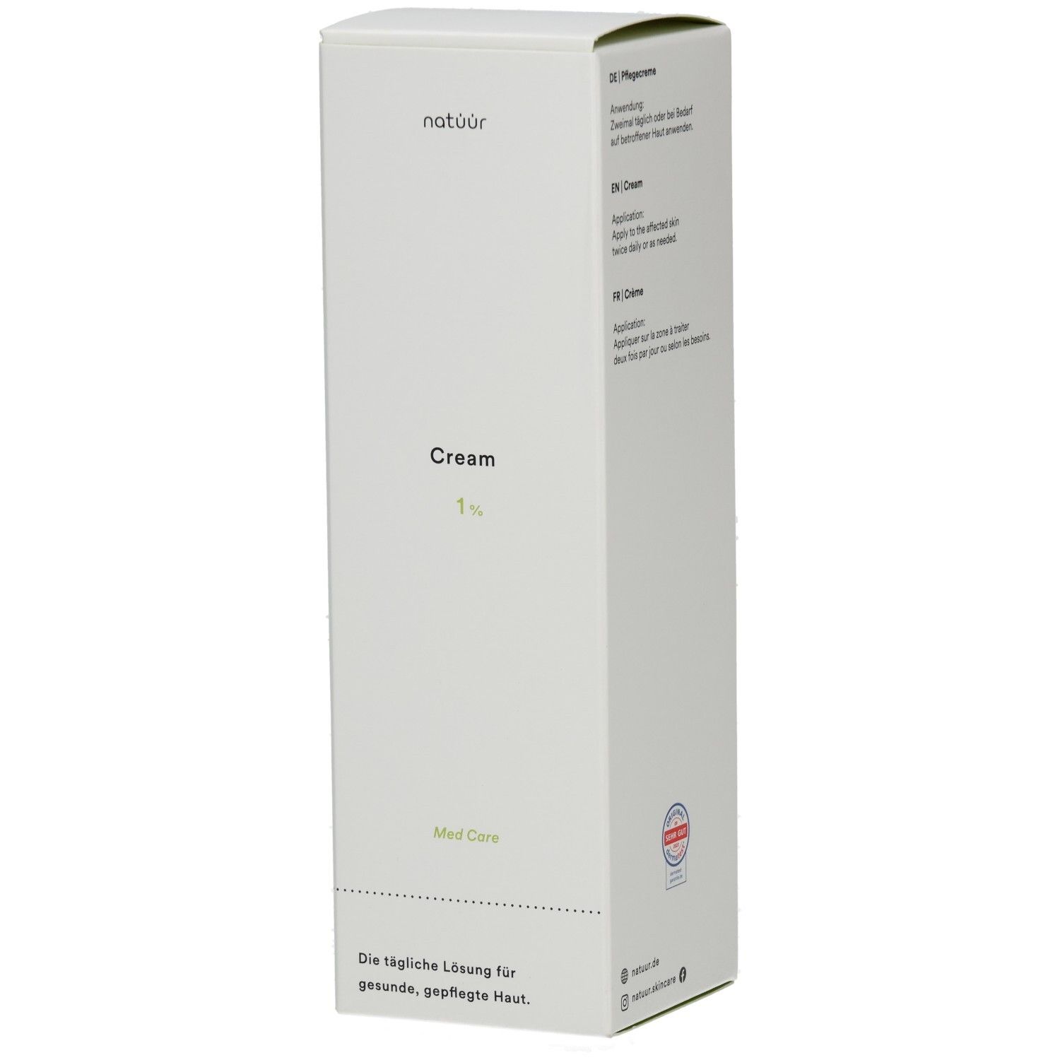 Weiße Produktverpackung mit Aufschrift "natüür", "Cream 1%" und "Med Care". Enthält Text in deutscher Sprache.