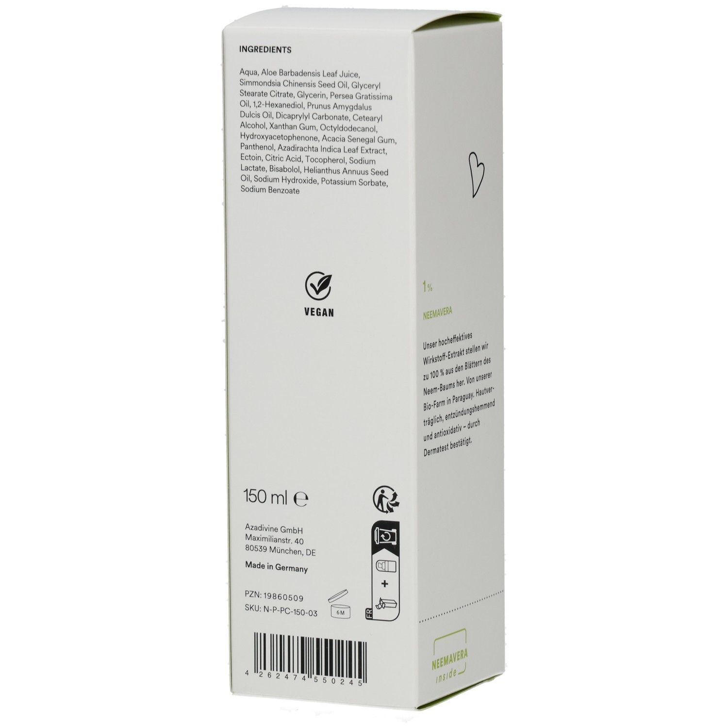 Rückseite der Verpackung mit Inhaltsstoffen, 150 ml, Vegan-Logo und Herstellerinformationen. Barcode.