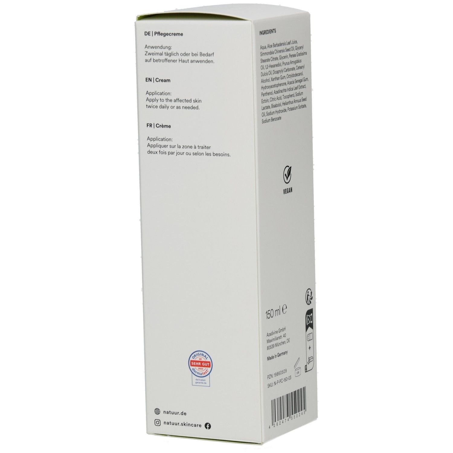 Verpackung mit Anwendungsanweisungen in Deutsch, Englisch und Französisch. 150 ml. Zertifizierungslogo.