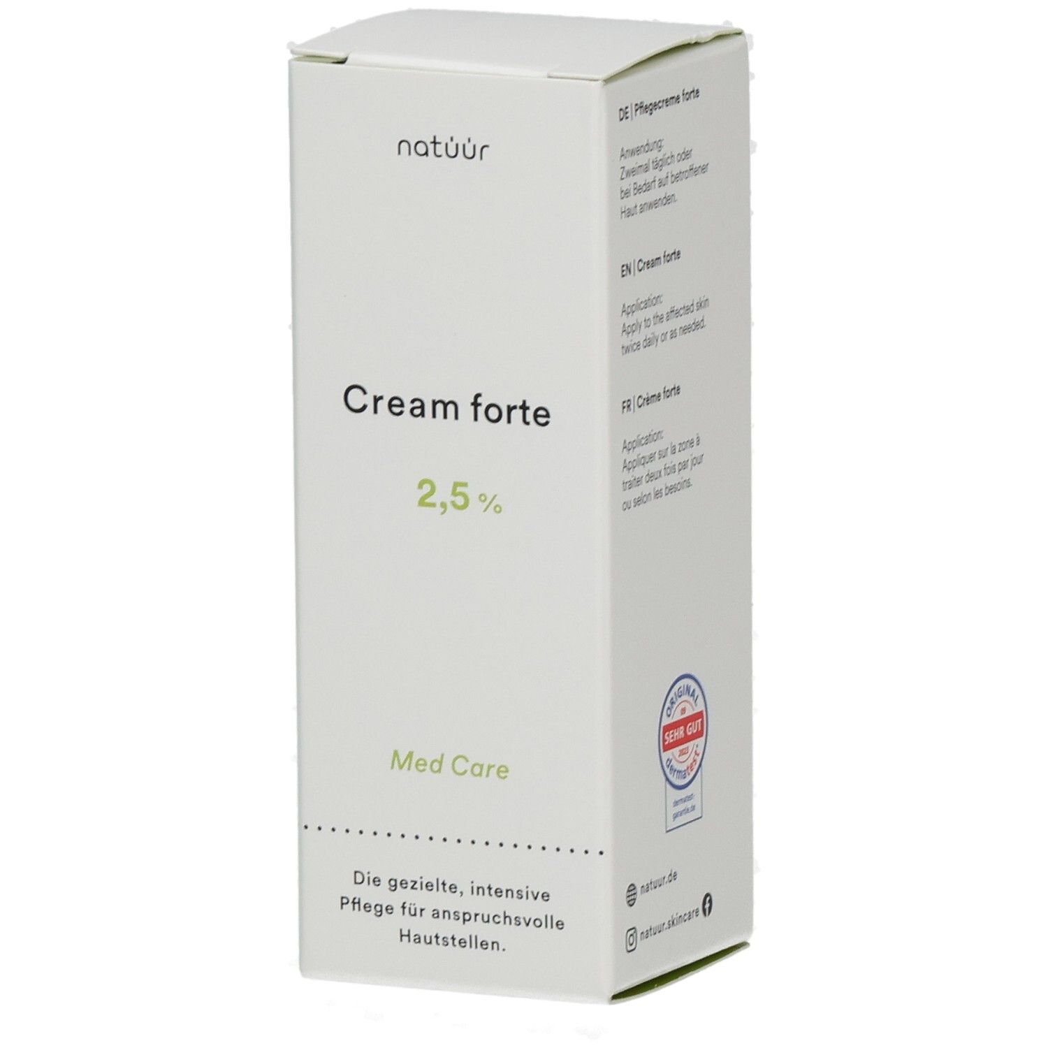 Weißer Karton mit Produktinformationen. Aufschrift: Cream forte 2,5%. Logo: Natuur. Mit Med Care Logo und Qualitätszeichen.