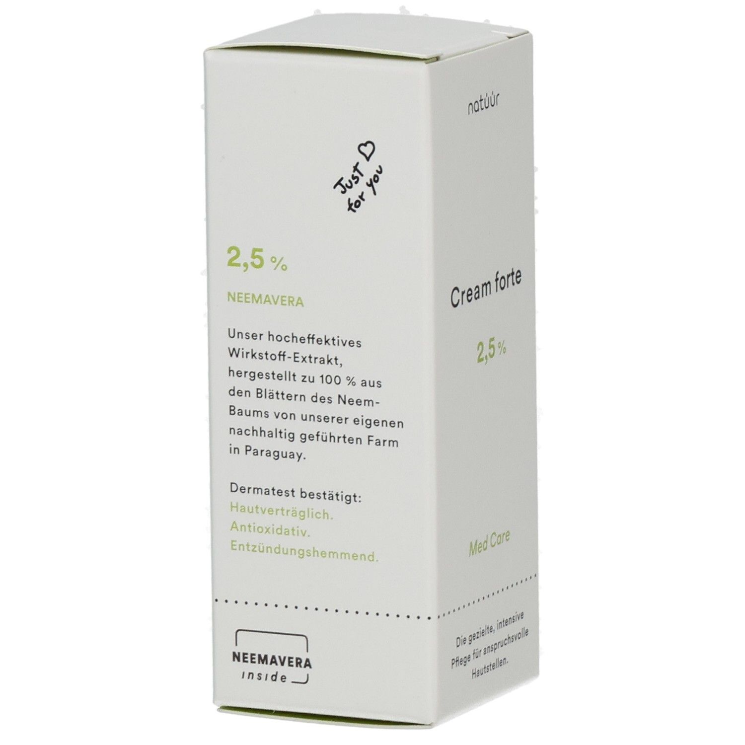 Weißer Karton mit Produktinformationen. Aufschrift: Cream forte 2,5% Neemaveera. Text: Unser hoch effektives Wirkstoff-Extrakt.