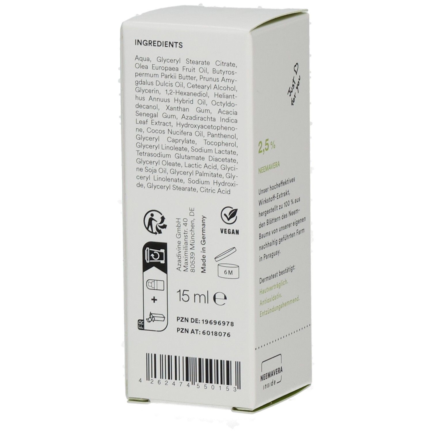 Weißer Karton mit Inhaltsstoffen und weiteren Informationen. Enthält 15 ml. Vegan-Logo. Hergestellt in Deutschland.
